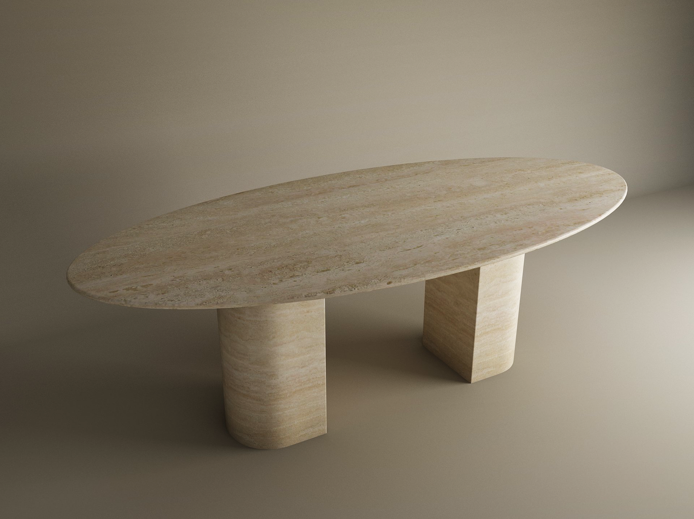 The Ellips Travertine Dining Table by TRAVERTABLE features a modern oval design with a natural stone top and sloped pedestal base, making it a customizable heirloom piece for contemporary interiors.
