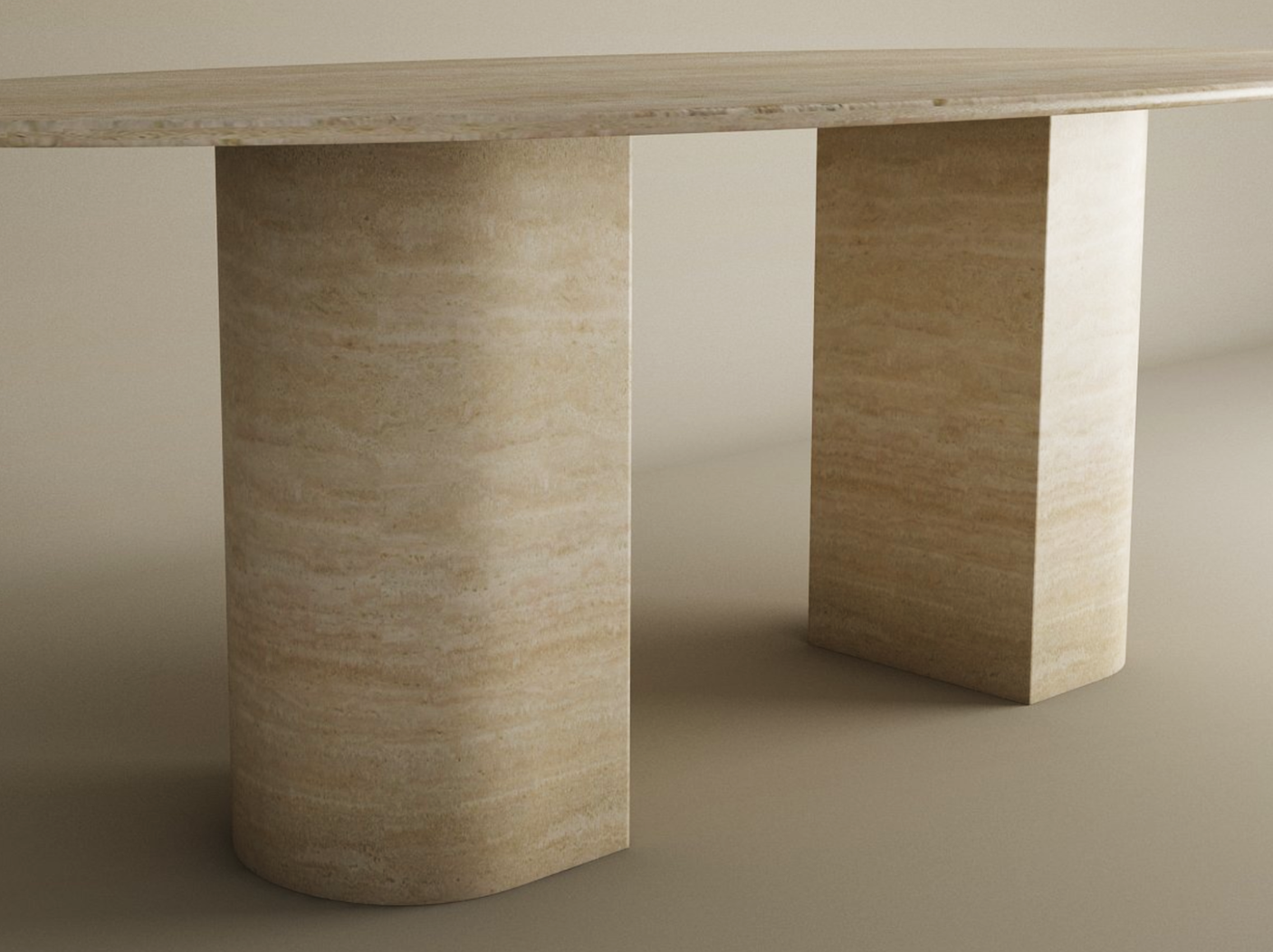 The TRAVERTABLE Ellips Travertine Dining Table features a light beige natural stone top and sculptural geometric bases—one half-oval, one rectangular—for a minimalist look. Customizable with a sloped pedestal base for modern dining spaces.
