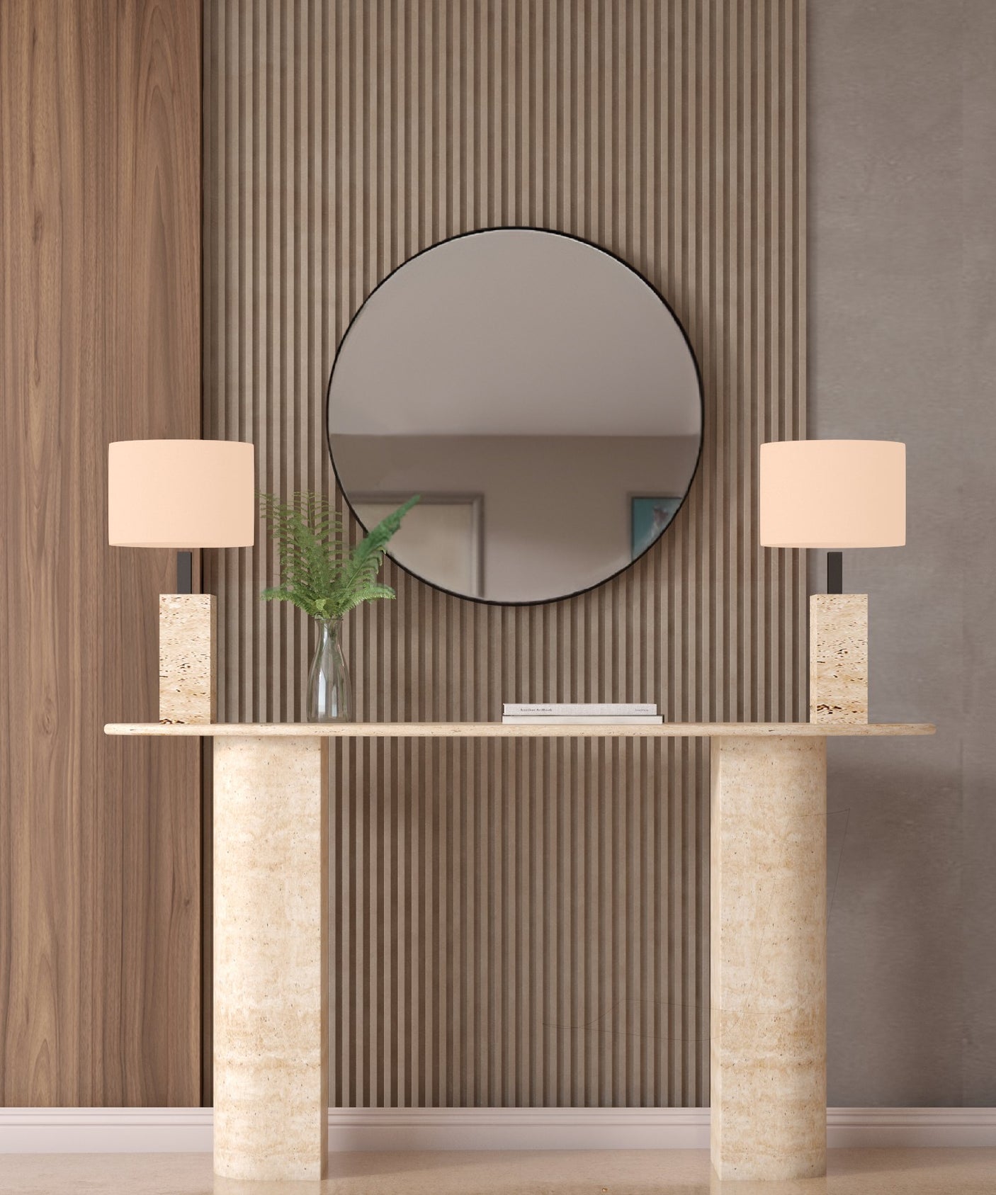 Ellips Travertine Console Table with Sloped Pedestal Base – Natural Stone Base