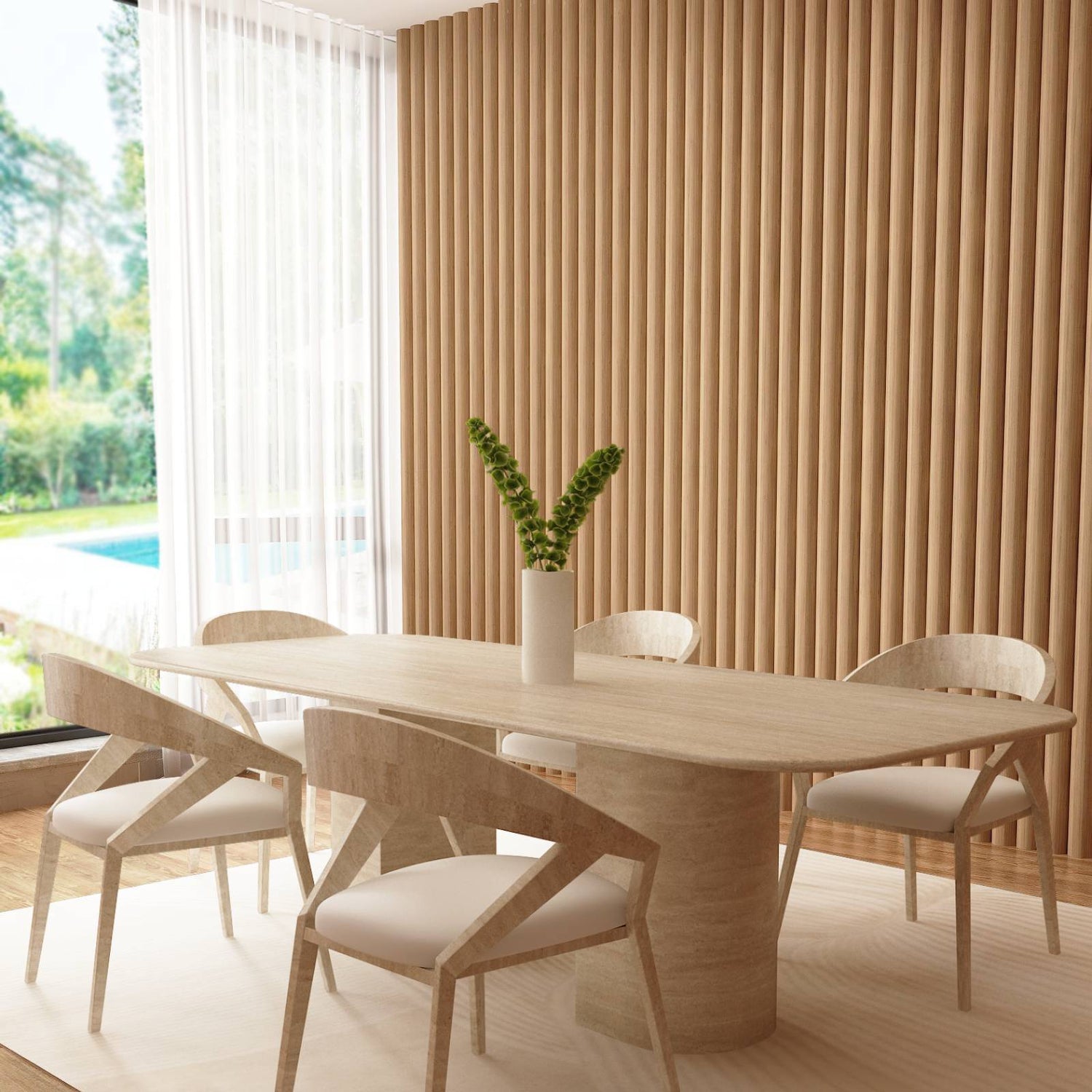 A modern dining room showcases the TRAVERTABLE Rectangular Travertine Dining Table with a natural stone base, five matching chairs, a white vase with greenery, beige rug, wood-paneled walls, and large windows overlooking a pool and lush landscape.