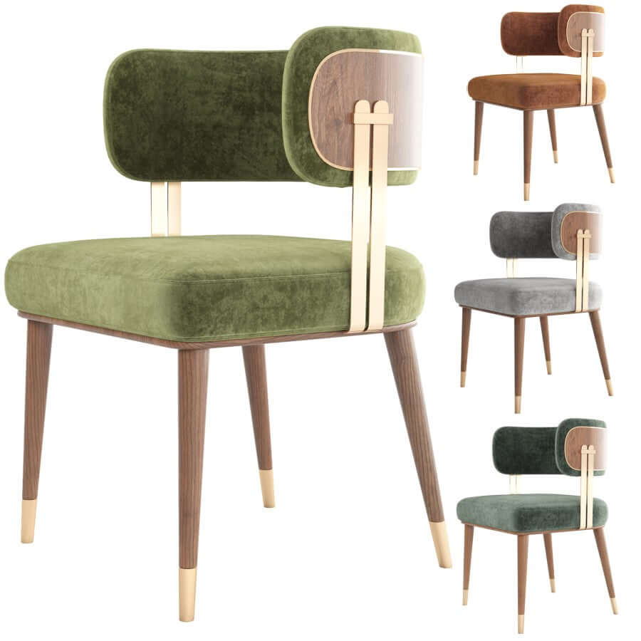 Four Mid-Century Modern Walnut and Brass chairs by Travertable come in velvet upholstery colors of green, brown, gray, and teal. They feature wooden legs with unique upper back support attached via walnut paneling with brass accentsβideal for stylish home decor enthusiasts.