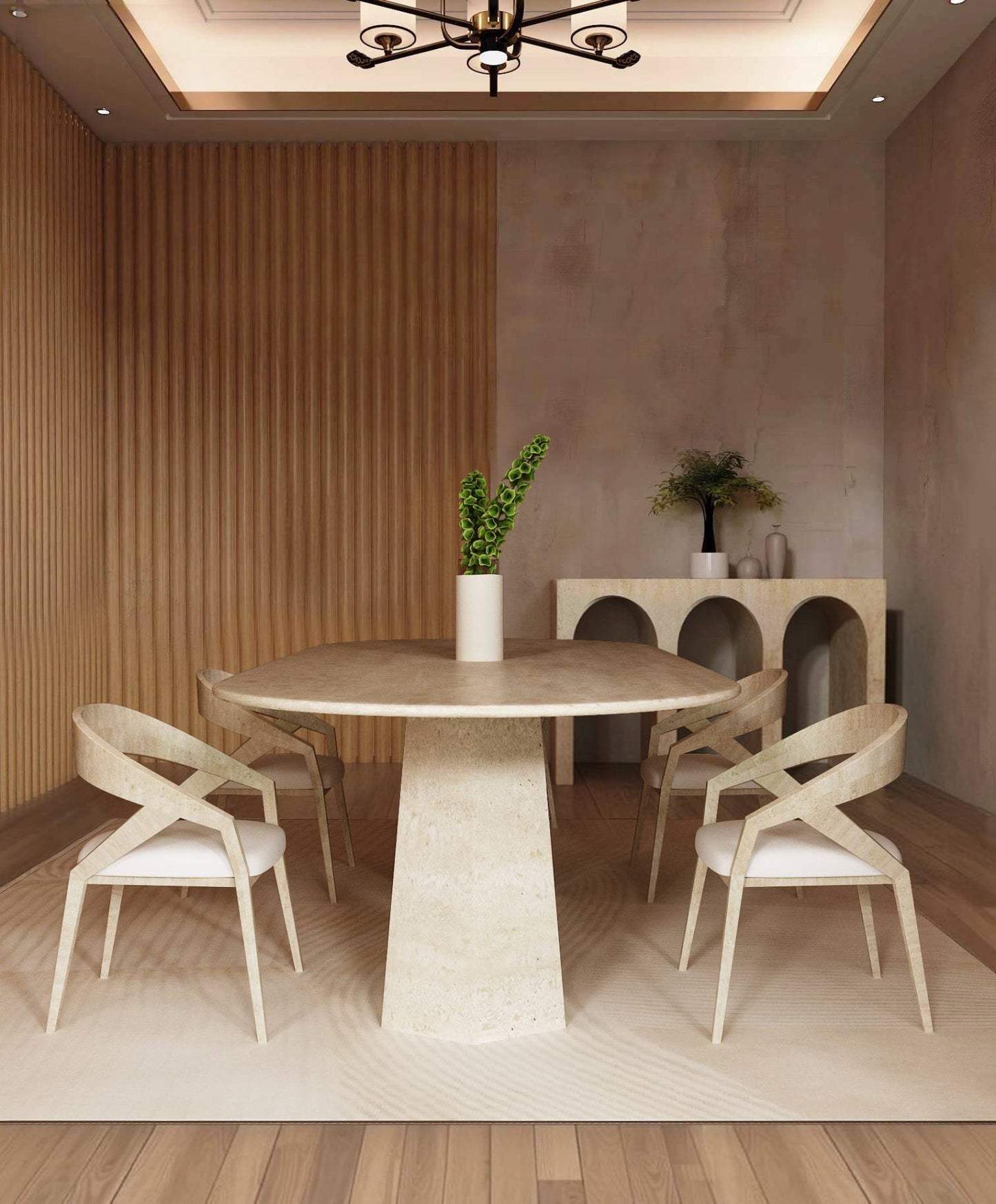 Oval Travertine Dining Table with Tapered Round Base – Solid Travertine Stone Base – Customizable Dining Table