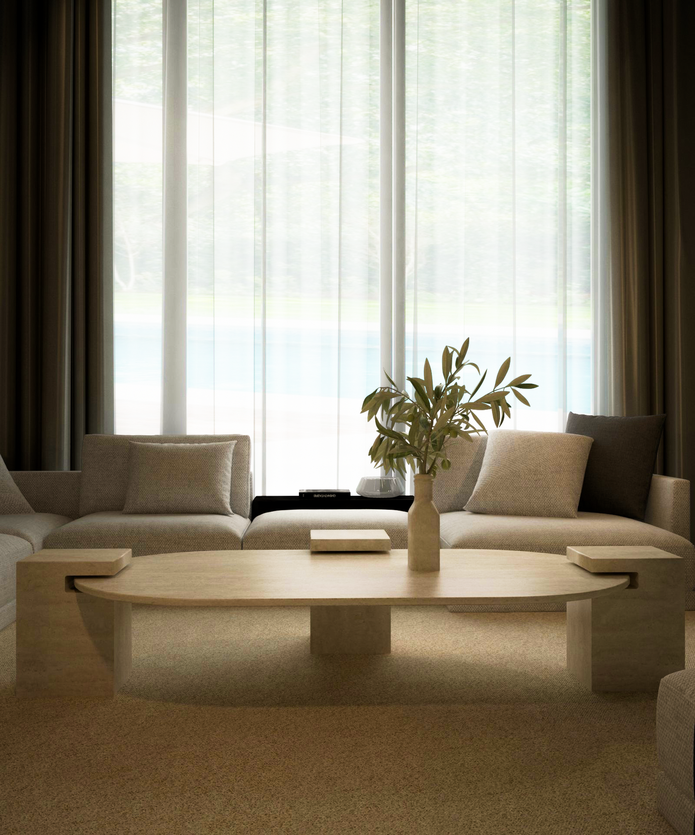 A modern living room features TRAVERTABLE’s Oval Travertine Coffee Table with Square Base – Understated Elegance, surrounded by neutral sofas and greenery. A vase with foliage sits atop the customizable table, enhancing the calm, minimalist ambiance.
