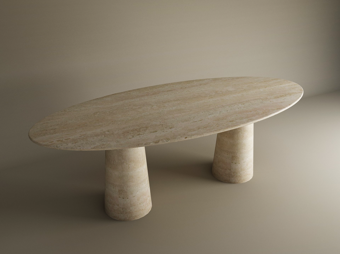 The Ellips Travertine Dining Table by TRAVERTABLE features a natural stone tabletop and organic travertine conical pedestal base—customizable and ideal for adding unique style to your dining space.