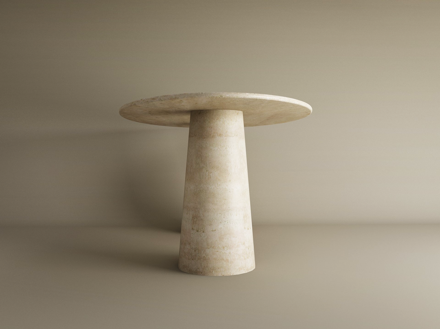 The Ellips Travertine Dining Table by TRAVERTABLE features a wide, round natural stone top and a single conical pedestal base, shown here in light travertine against a plain beige background. Customizable design with an organic stone base.