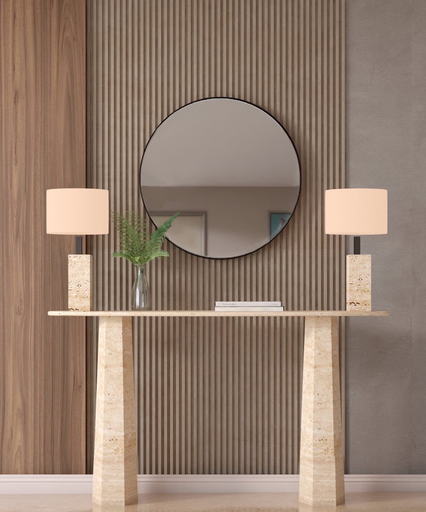 Ellips Travertine Console Table with Conical Pedestal Base – Organic Travertine Stone Base