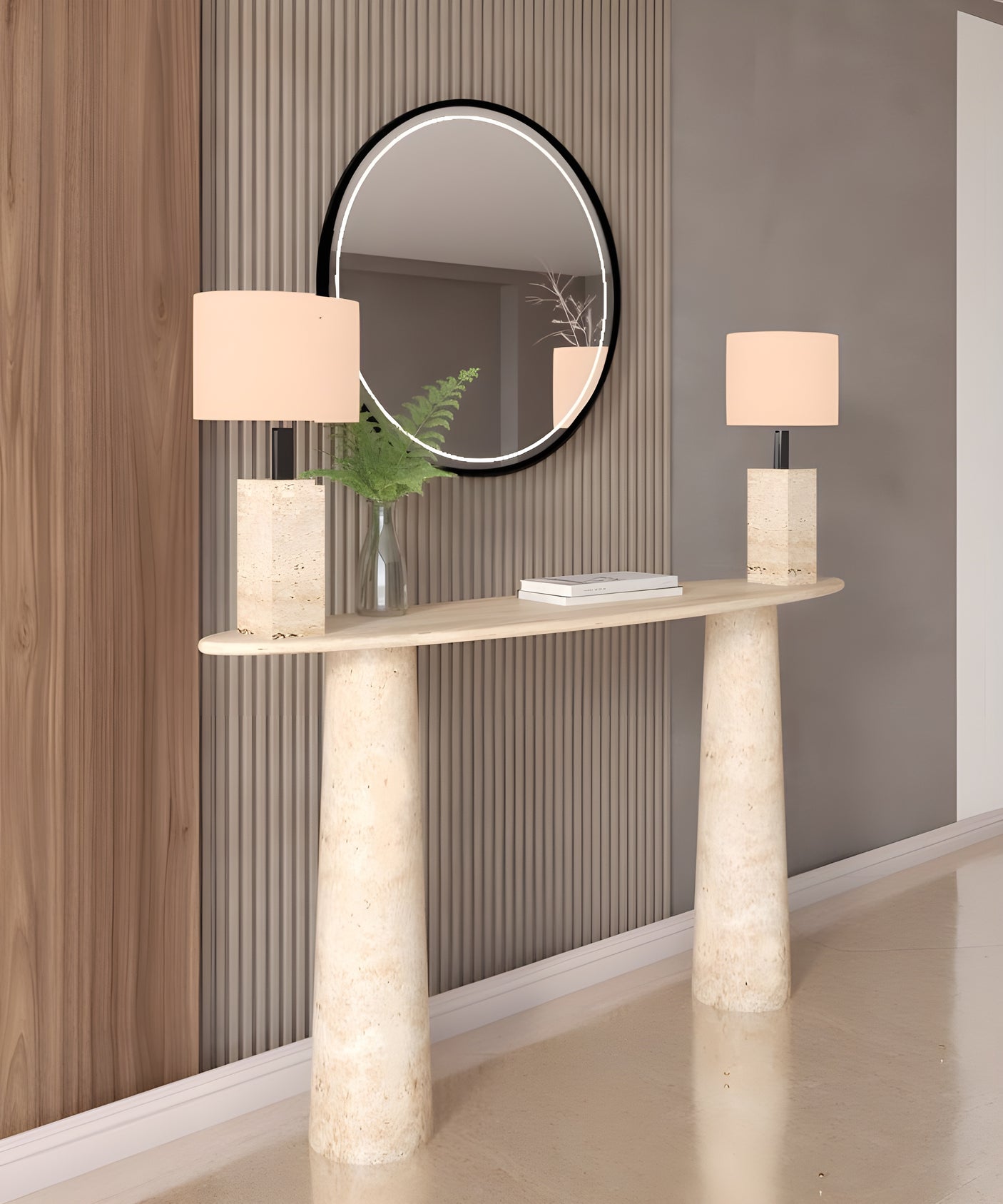 Ellips Travertine Console Table with Conical Pedestal Base – Organic Travertine Stone Base