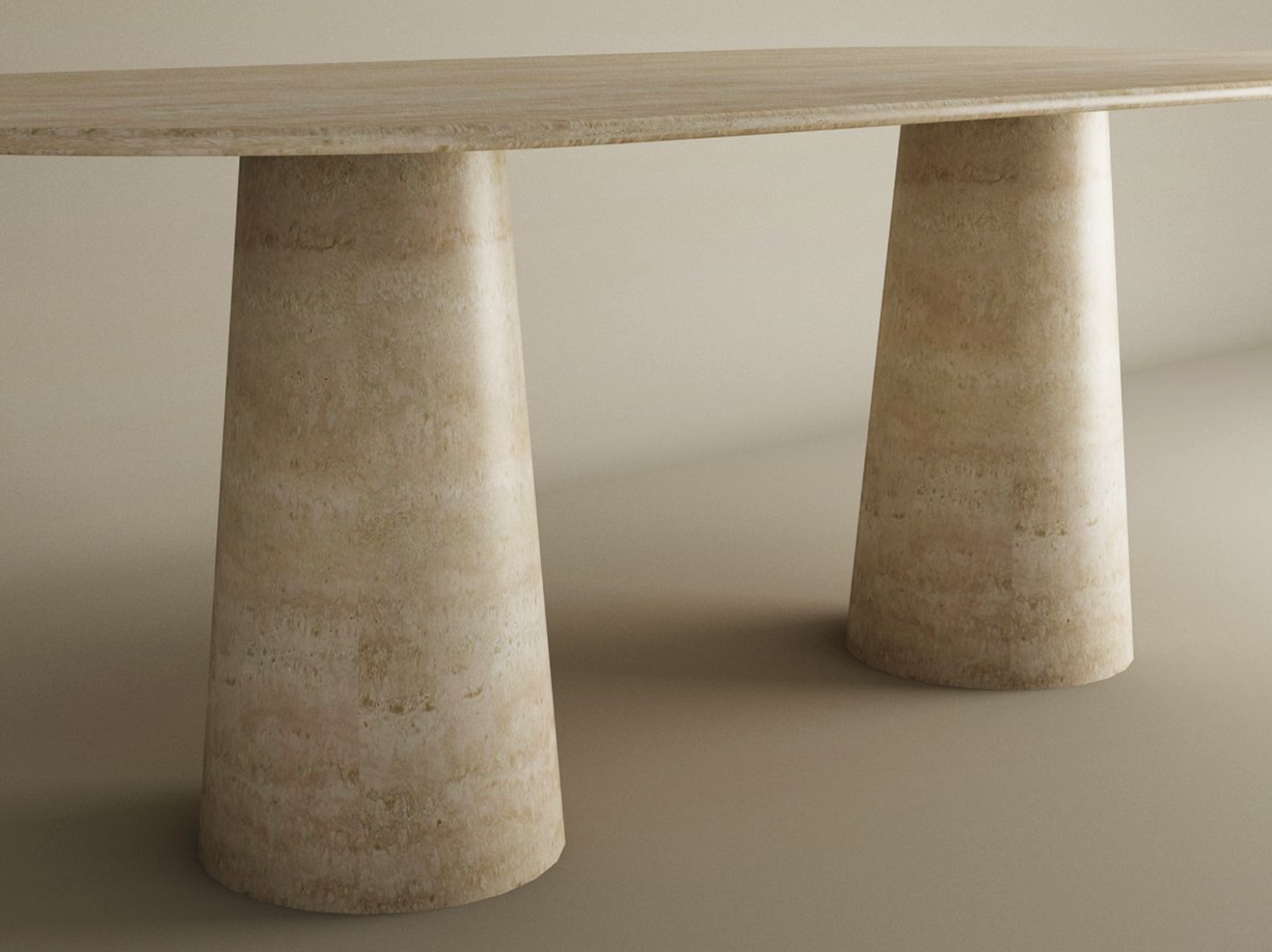 The TRAVERTABLE Oval Travertine Dining Table features a smooth, natural stone tabletop and conical pedestal bases in light beige, creating a seamless look with matching surroundings. Customizable to fit your dining space.