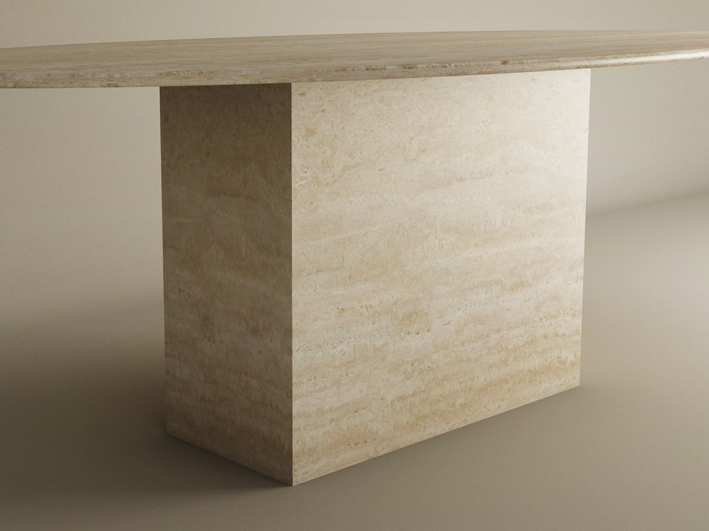 The Ellips Travertine Dining Table by TRAVERTABLE features a thick, natural stone tabletop and wide block base in beige travertine with horizontal veining—a customizable heirloom piece shown against a neutral background.