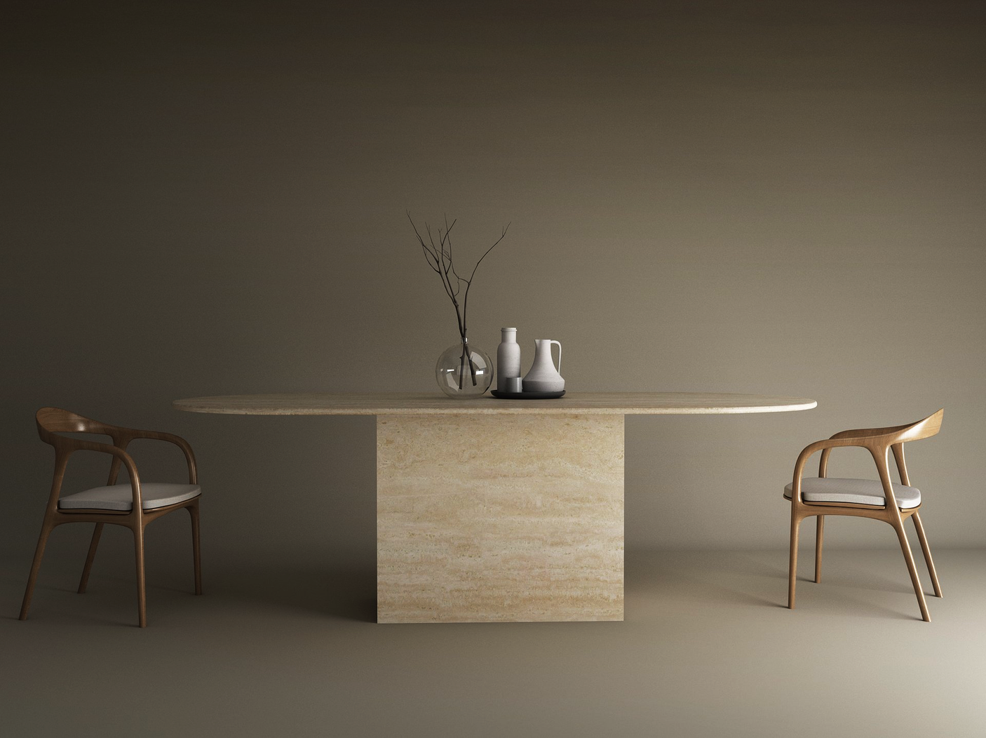 A minimalist dining space showcases the TRAVERTABLE Oval Travertine Dining Table with Block Base, two cushioned wooden chairs, and decorative vases with bare branches, all set against a plain beige background.