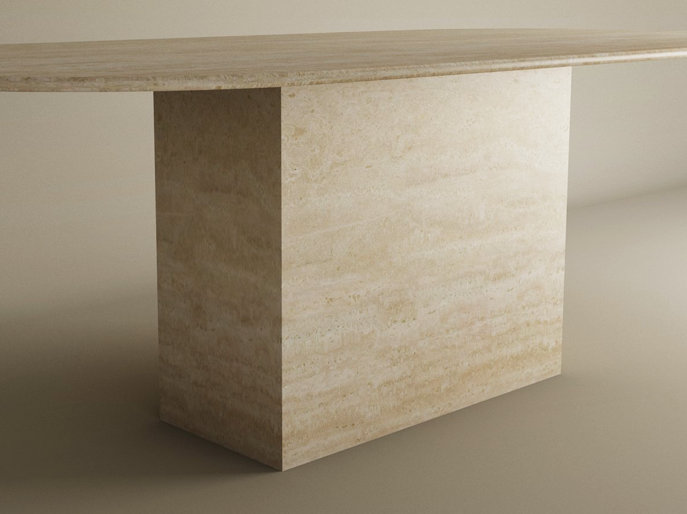 The TRAVERTABLE Oval Travertine Dining Table features a thick, solid natural stone block base and an oval tabletop in beige travertine with horizontal streaks—an heirloom piece customizable for any modern space.