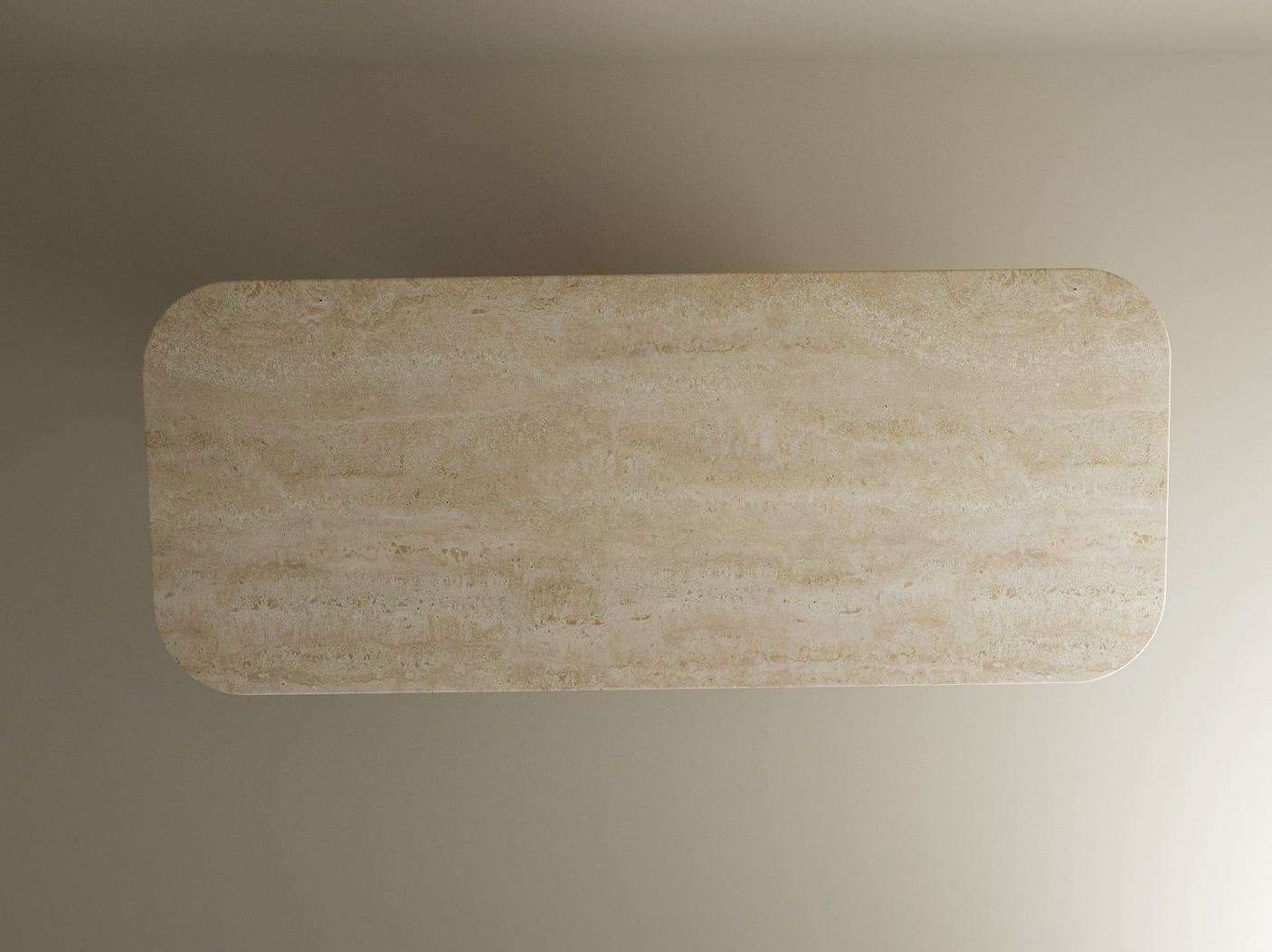 The TRAVERTABLE Rectangular Travertine Dining Table features a natural light beige travertine stone tabletop with rounded corners and a rectangular pedestal base, shown from above against a neutral background. Customizable design.