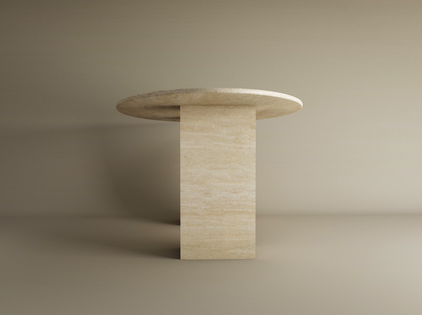 The TRAVERTABLE Ellips Travertine Dining Table features a customizable round natural stone top and a rectangular travertine stone base, both in light beige, set against a neutral backdrop.
