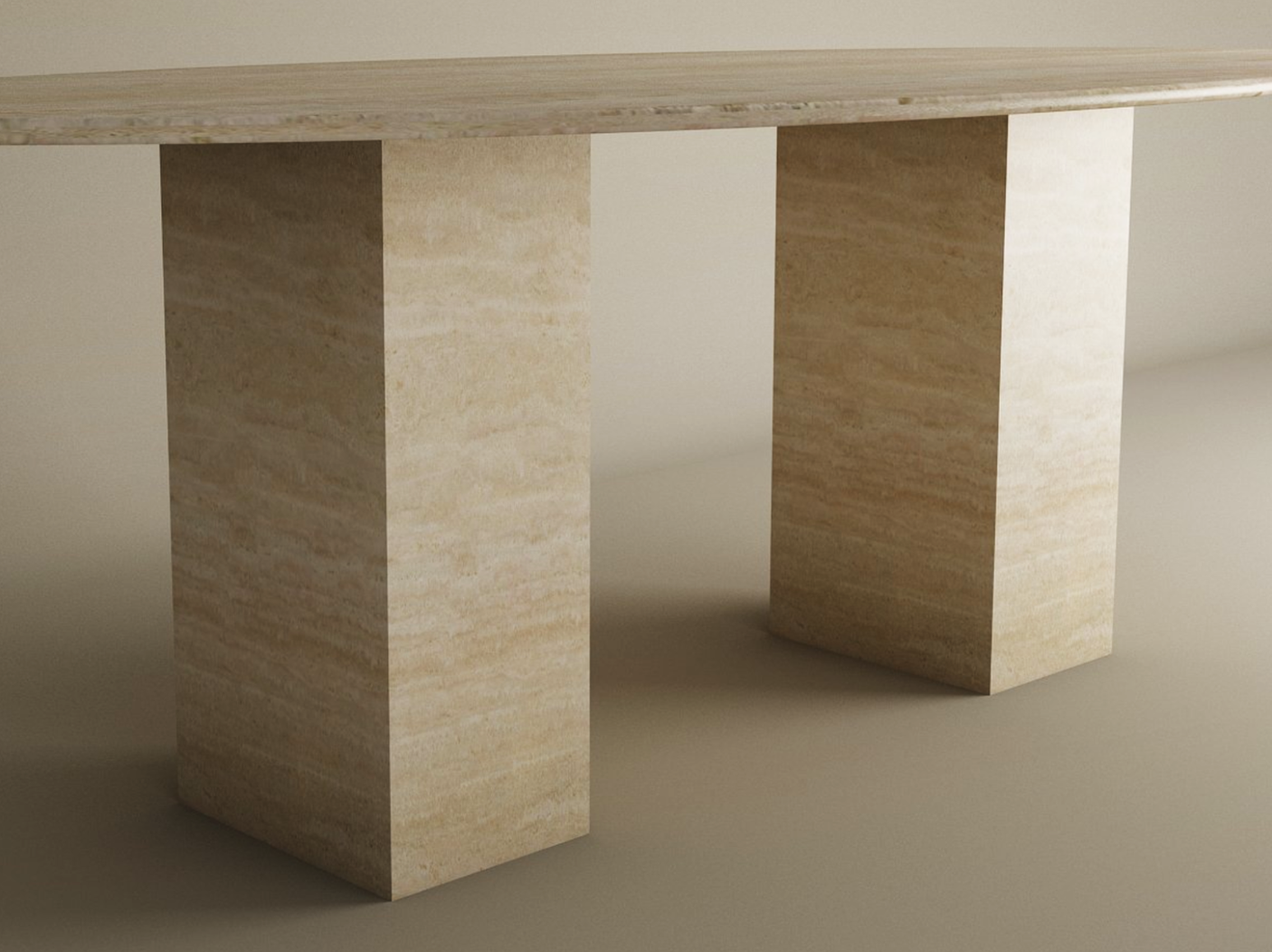 The TRAVERTABLE Ellips Travertine Dining Table features a light beige natural travertine stone tabletop with two rectangular pedestal bases, blending minimalist design and timeless elegance. This customizable heirloom piece elevates any dining space.