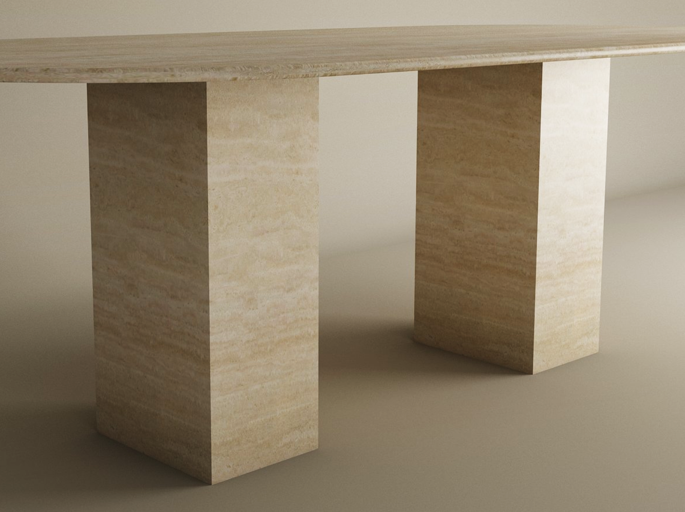 The TRAVERTABLE Oval Travertine Dining Table features a natural travertine stone tabletop and two wide rectangular pedestal bases, offering timeless elegance and customizable options for any space.