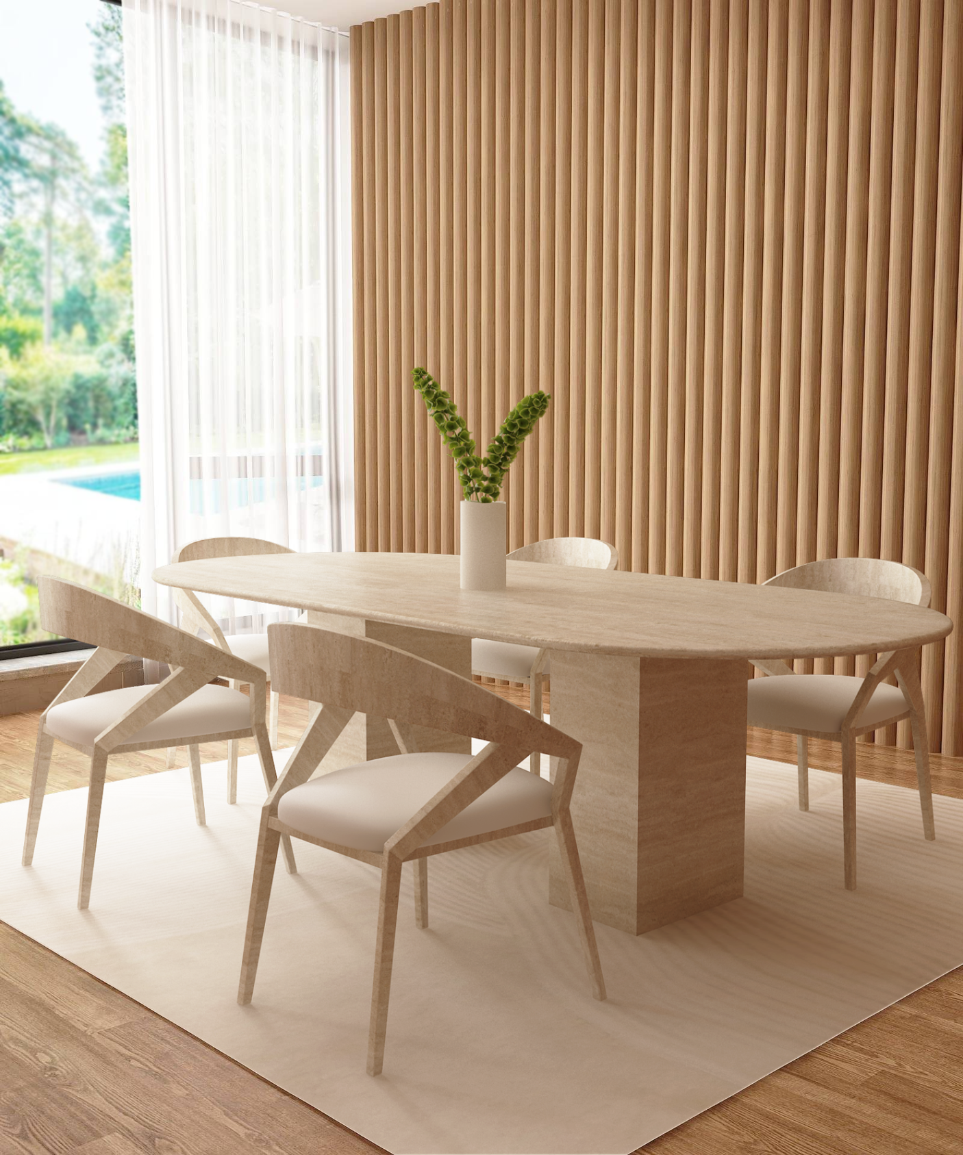 A dining room featuring the TRAVERTABLE Oval Travertine Dining Table with Rectangular Pedestal Base, six modern wooden chairs with white cushions, a white rug, a tall vase with green leaves, floor-to-ceiling windows, and wooden wall panels.