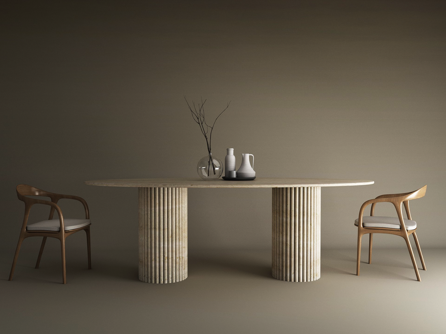 Ellips Travertine Dining Table with Vertical Groove Base – Organic Stone Base – Customizable Dining Table