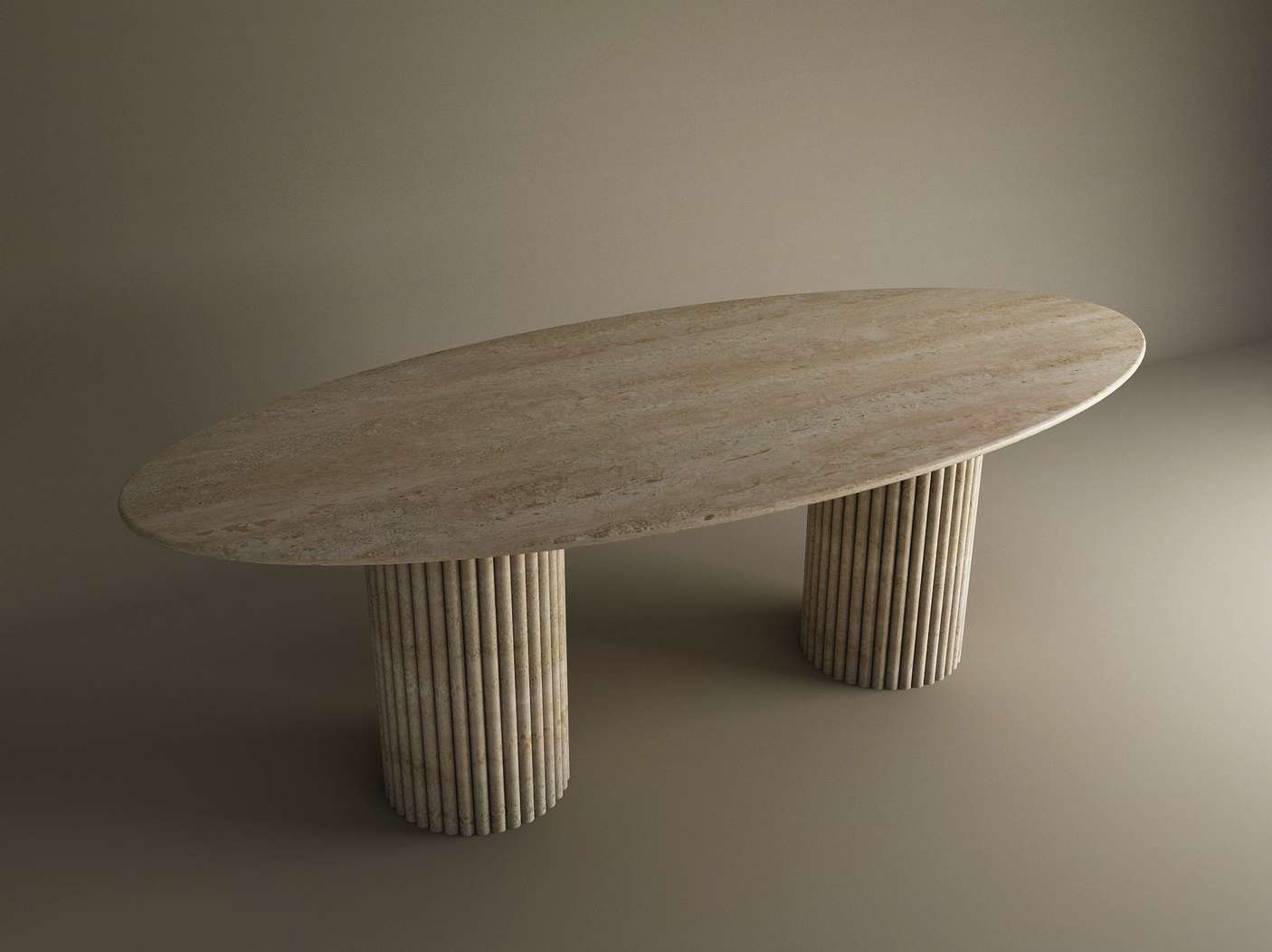 The Ellips Travertine Dining Table by TRAVERTABLE features a natural stone top and two vertical grooved cylindrical bases, combining sleek design with organic elegance. Customizable and perfect for modern spaces.