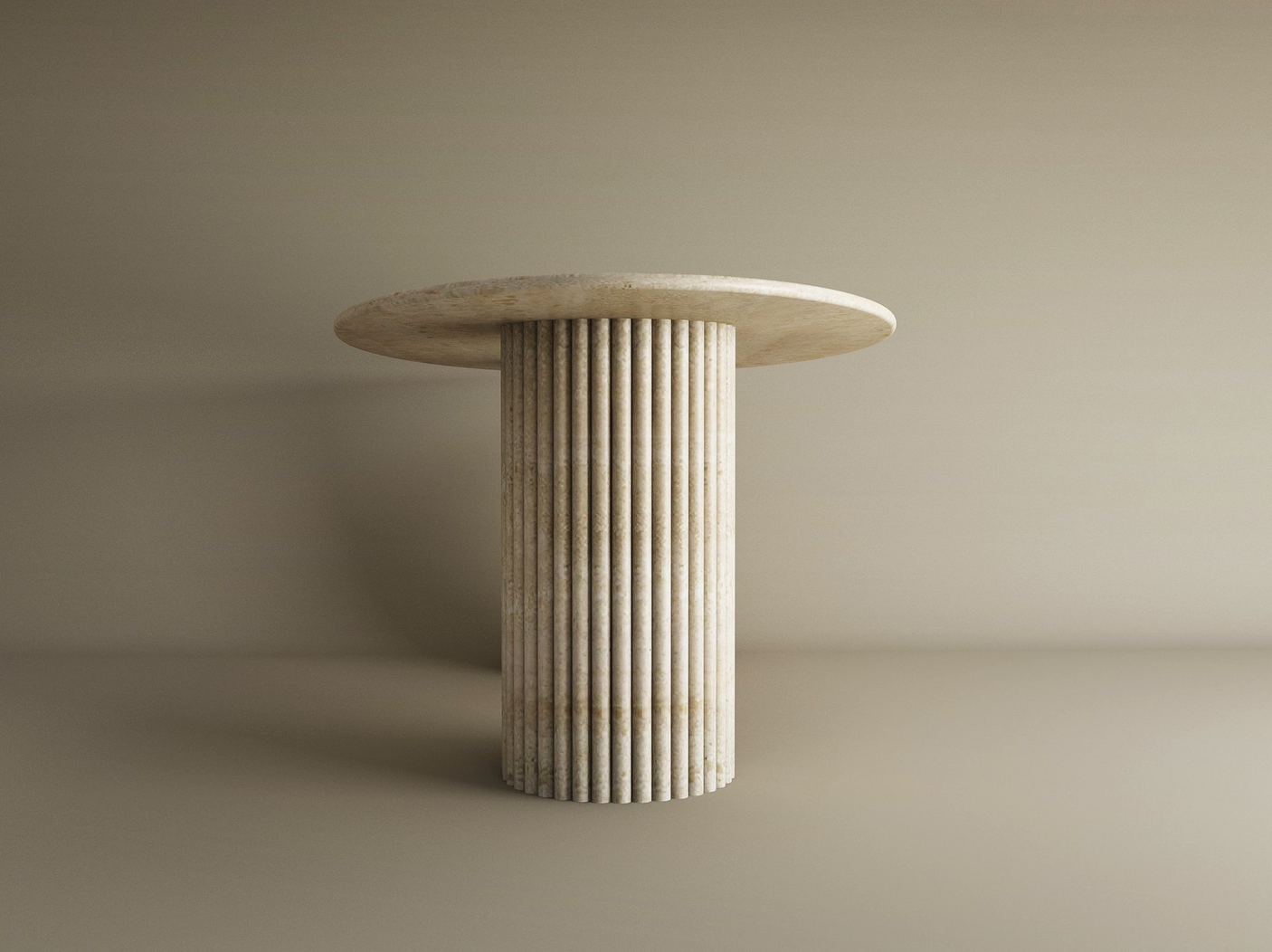 The Ellips Travertine Dining Table by TRAVERTABLE features a smooth natural stone top and a vertically grooved, fluted cylindrical base—an elegant, customizable heirloom piece perfect for refined spaces.
