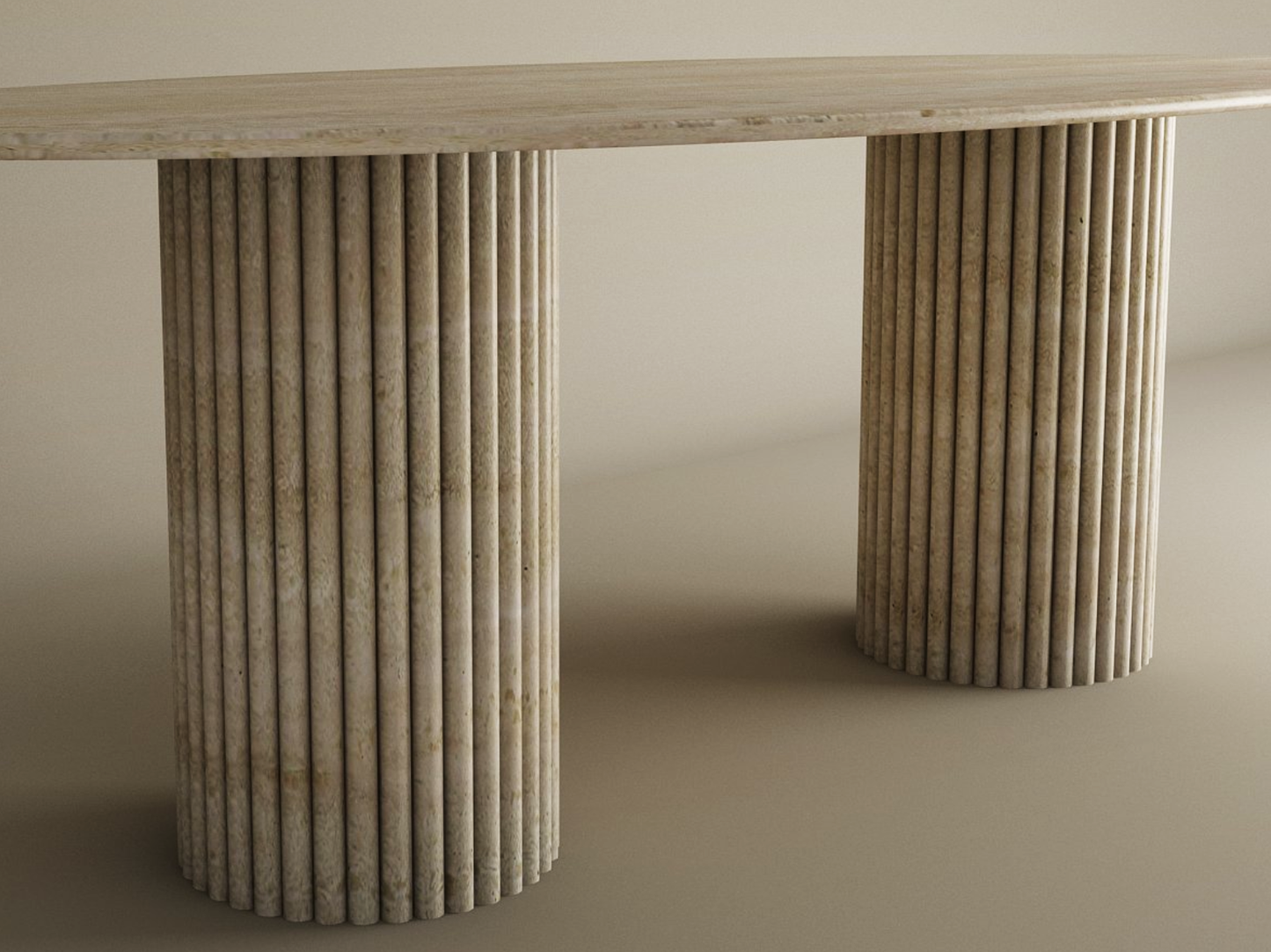Ellips Travertine Dining Table with Vertical Groove Base – Organic Stone Base – Customizable Dining Table