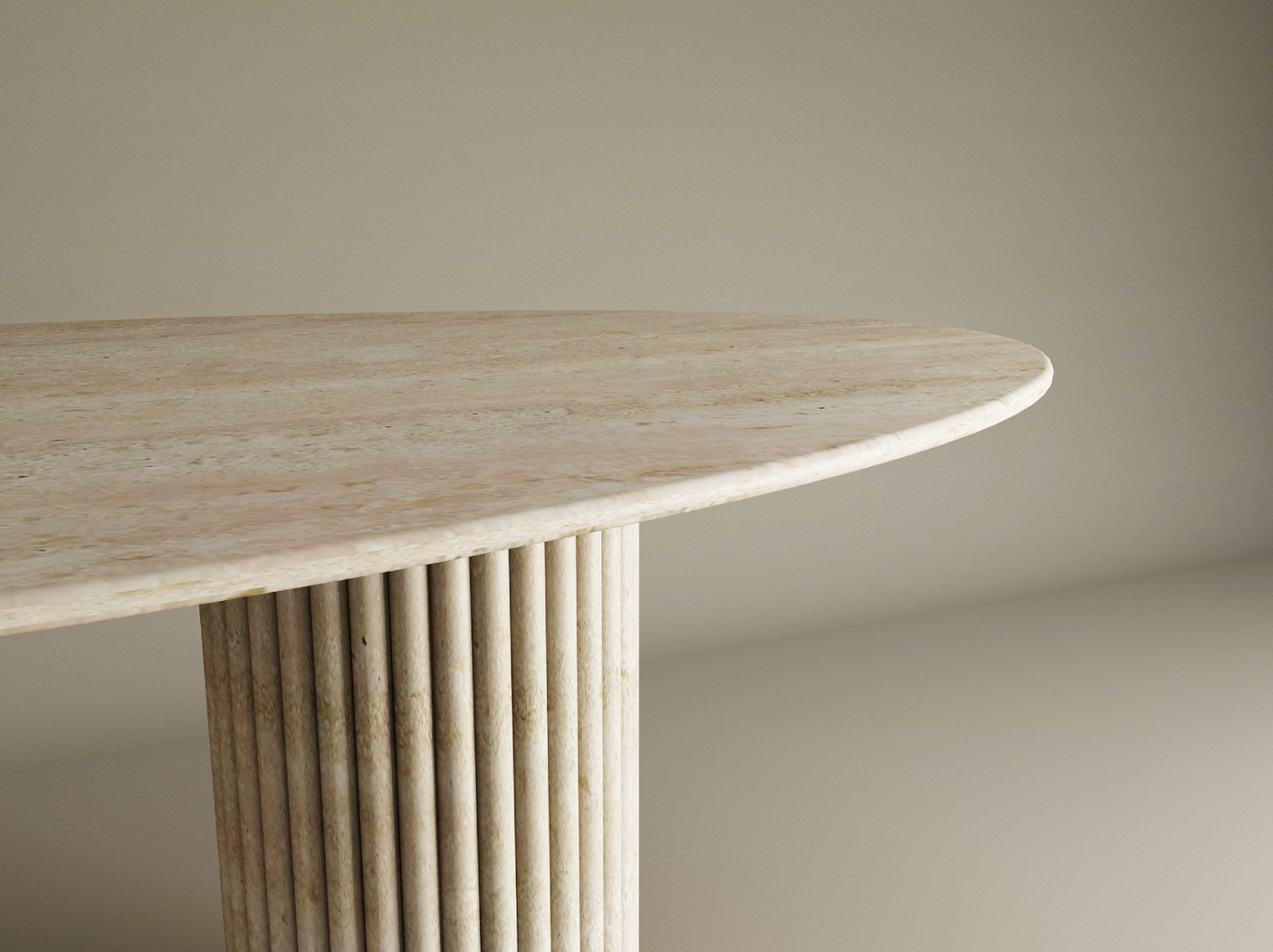 A close-up of the TRAVERTABLE Ellips Travertine Dining Table with Vertical Groove Base, featuring a natural stone tabletop and organic fluted base—an elegant, customizable piece for refined interiors.