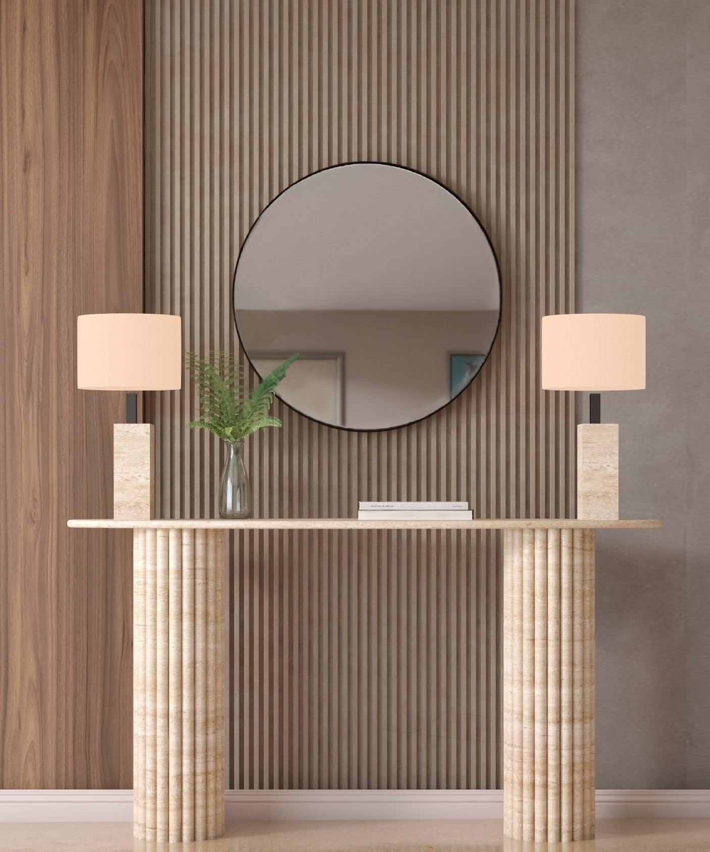 Ellips Travertine Console Table with Vertical Groove Base – Organic Stone Base