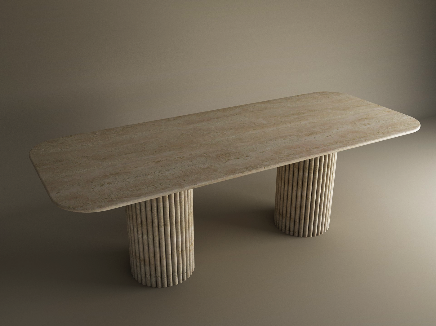 The TRAVERTABLE Rectangular Travertine Dining Table features a natural stone top with rounded corners and two vertical-grooved, cylindrical bases, offering timeless charm and customizable elegance to any dining space.
