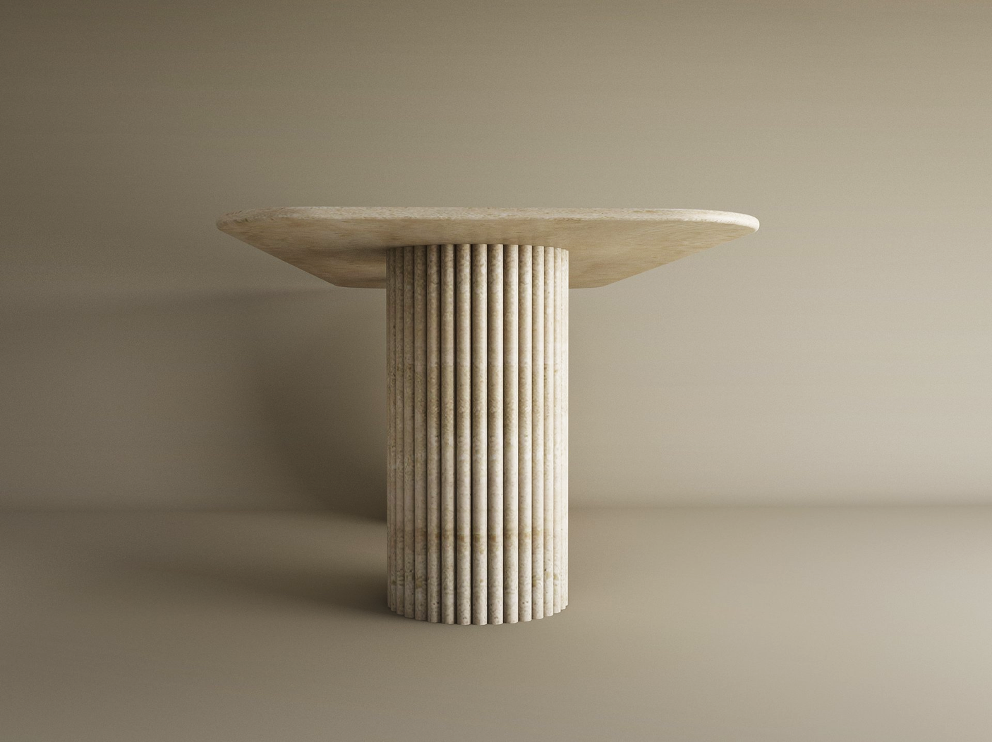 The TRAVERTABLE Rectangular Travertine Dining Table features a natural stone tabletop and an organic vertical groove base, shown against a plain beige background. Customizable for your space.