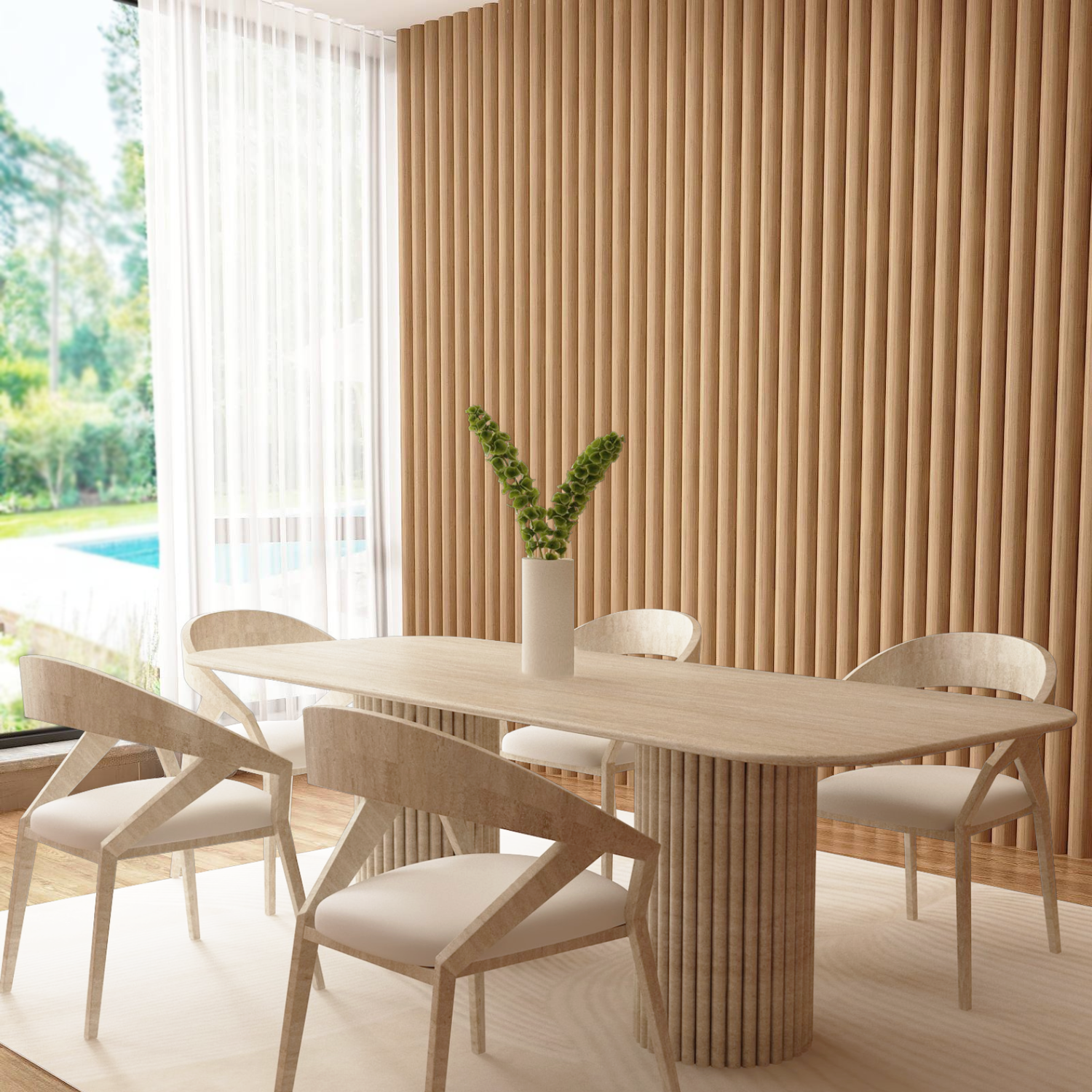 A modern dining room featuring the TRAVERTABLE Rectangular Travertine Dining Table with Vertical Groove Base, four matching chairs, a white vase with green stems, wood slat accent wall, large window with sheer curtains, and light rug on wooden floor.