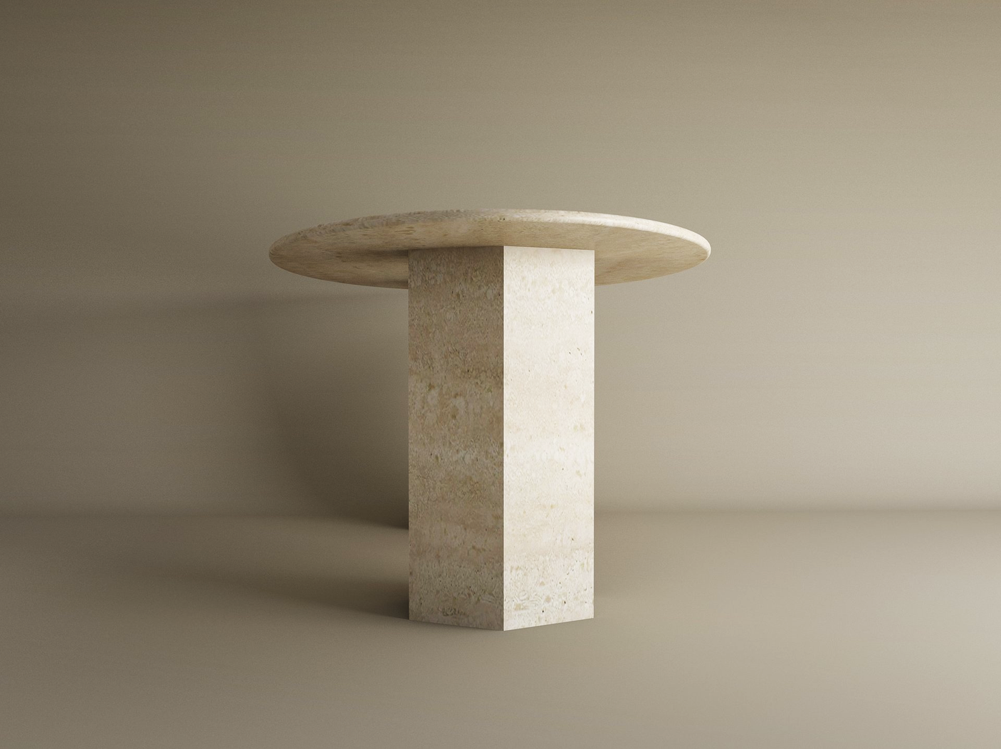 The TRAVERTABLE Ellips Travertine Dining Table features a minimalist round natural stone tabletop and a thick, customizable hexagonal pedestal base—an heirloom piece designed for timeless elegance.
