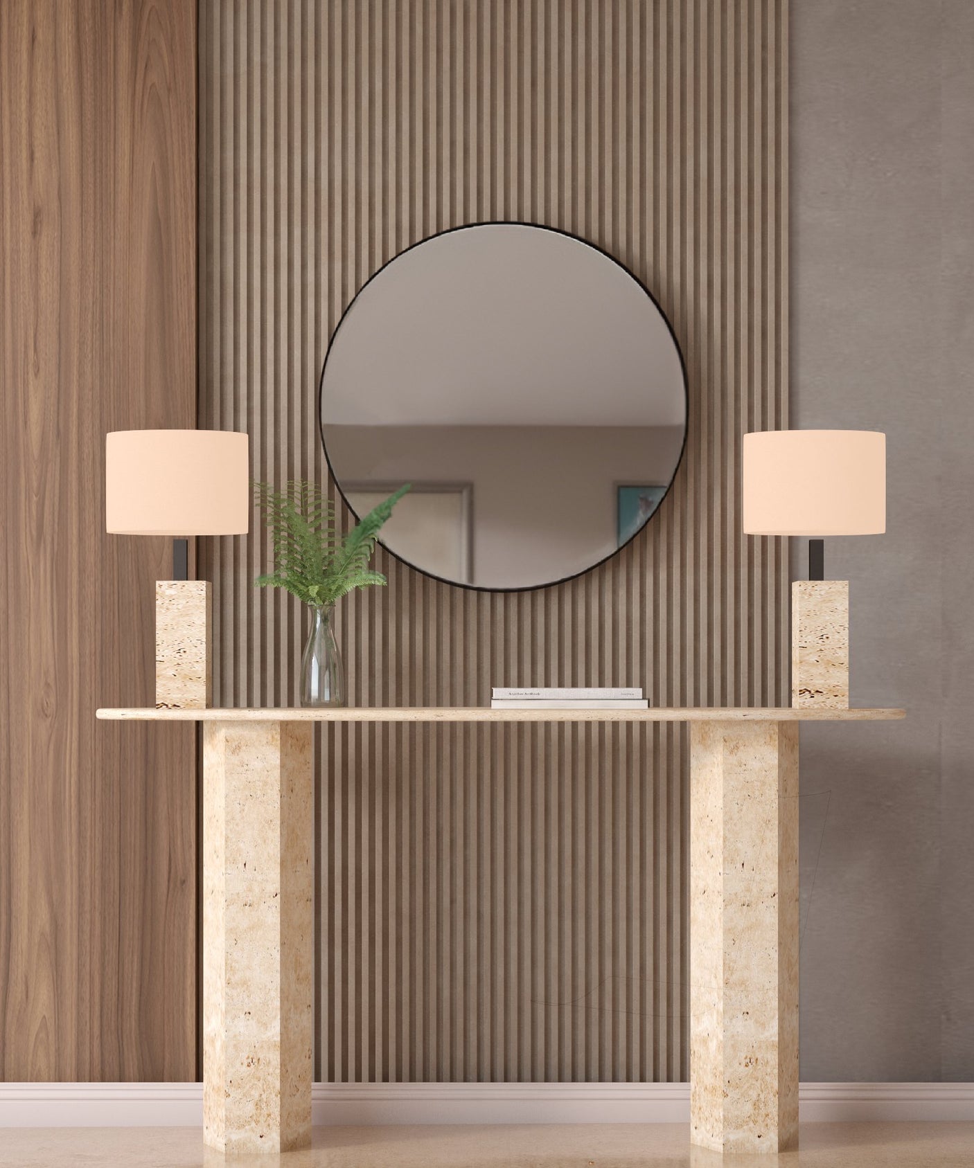 Ellips Travertine Console Table with Hexagonal Pedestal Base – Organic Stone Base