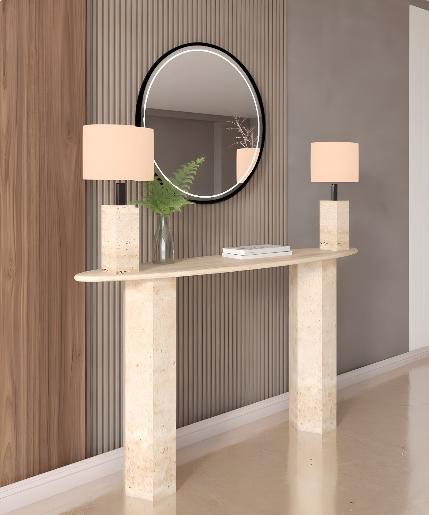 Ellips Travertine Console Table with Hexagonal Pedestal Base – Organic Stone Base