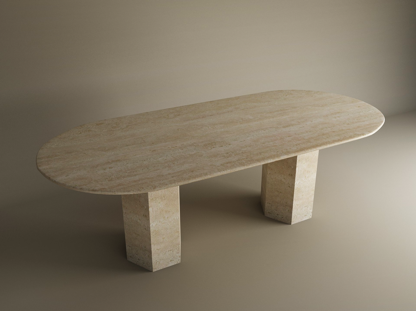 The TRAVERTABLE Oval Travertine Dining Table features a smooth natural stone tabletop and two hexagonal organic stone pedestal bases, ideal for a neutral, softly lit room. Customizable to fit your dining space.