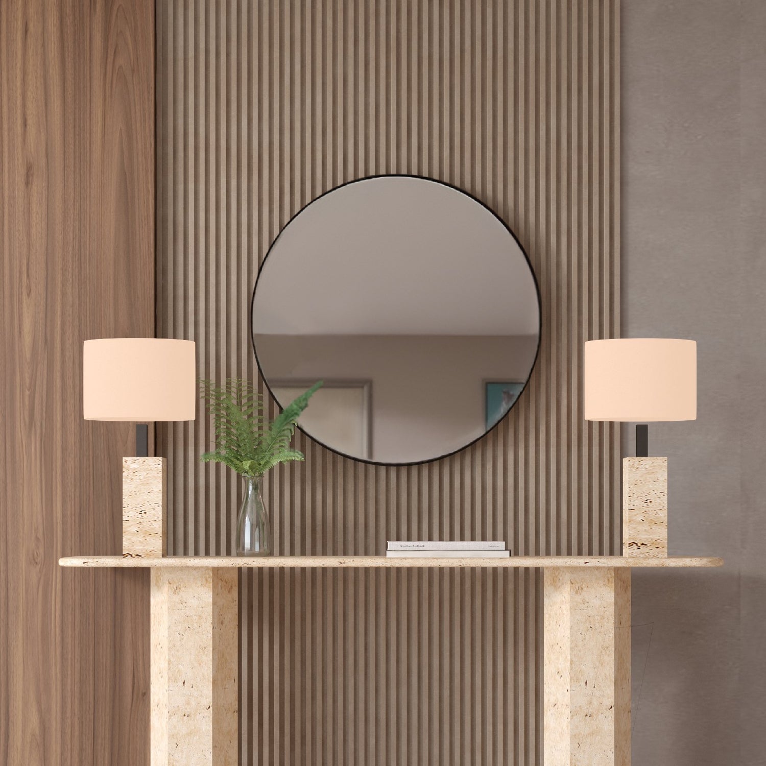 Rectangular Travertine Console Table with Hexagonal Pedestal Base – Organic Stone Base