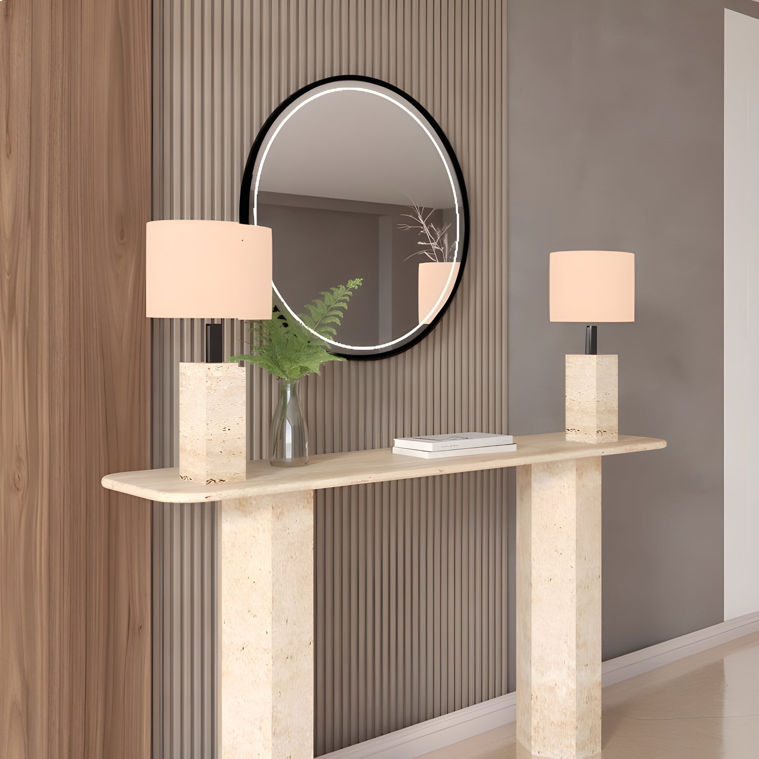 Rectangular Travertine Console Table with Hexagonal Pedestal Base – Organic Stone Base