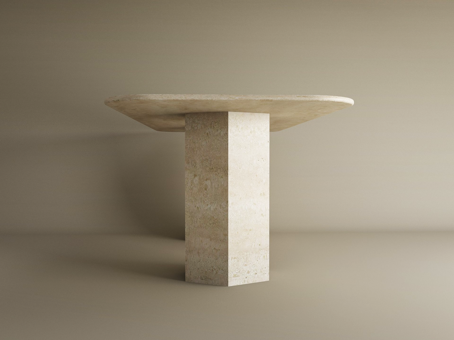 The TRAVERTABLE Rectangular Travertine Dining Table features a natural stone top and a thick hexagonal pedestal base, shown against a plain beige background. This customizable dining table offers minimalist elegance and organic appeal.