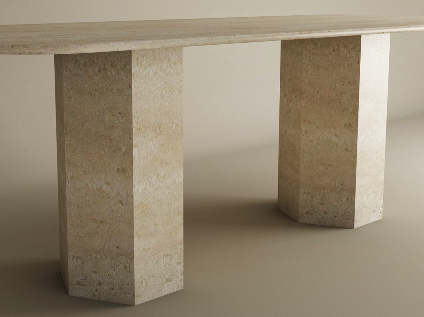 The TRAVERTABLE Rectangular Travertine Dining Table features a natural stone tabletop and two hexagonal pedestal bases, blending minimalist design with organic travertine—perfect for modern dining spaces. Customizable to fit your style.