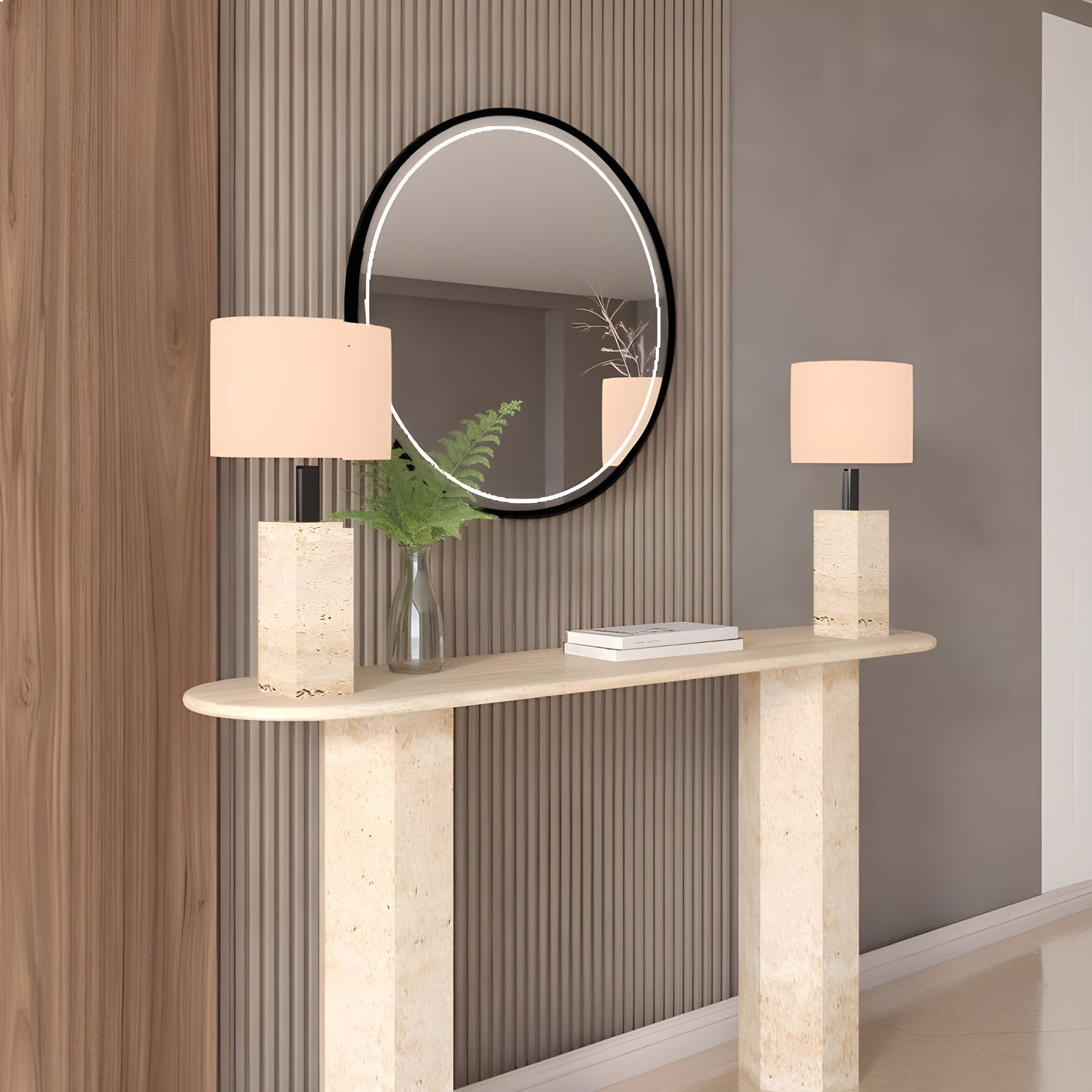 Ovale Travertine Console Table with Hexagonal Pedestal Base – Organic Stone Base