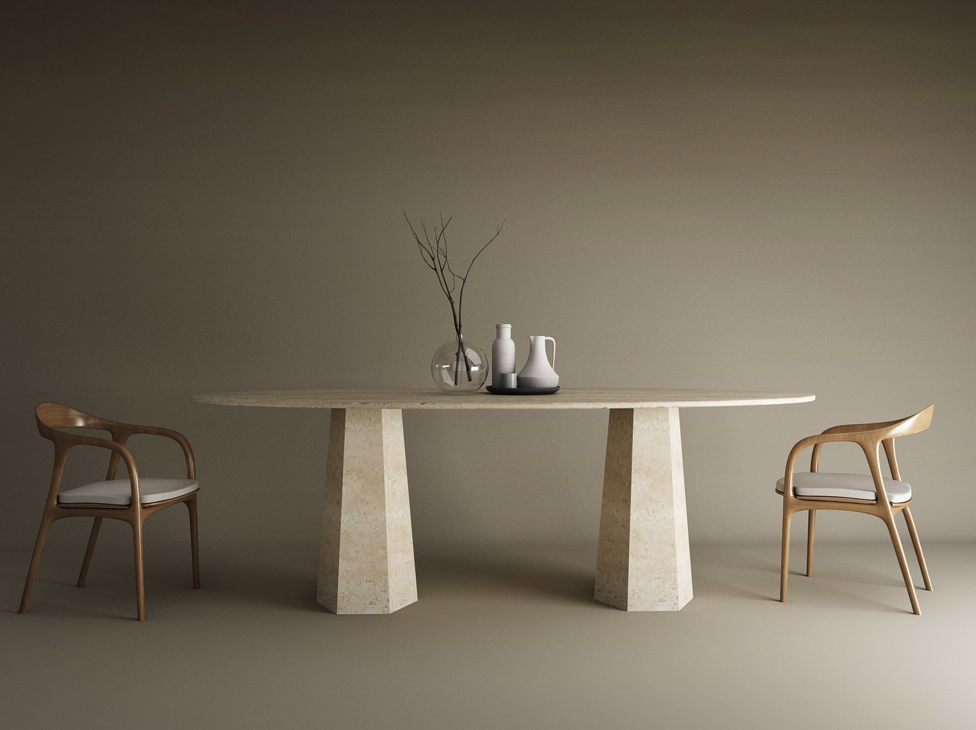 The TRAVERTABLE Ellips Travertine Dining Table with a solid travertine stone base features a natural stone top and two tapered round bases, set with white and gray ceramic vases, a glass vase with dry twigs, and flanked by two wooden chairs with white cushions.