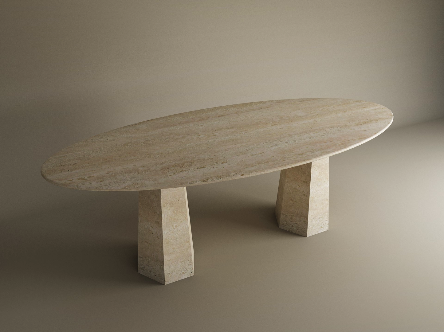 Ellips Travertine Dining Table with Tapered Round Base – Solid Travertine Stone Base – Customizable Dining Table