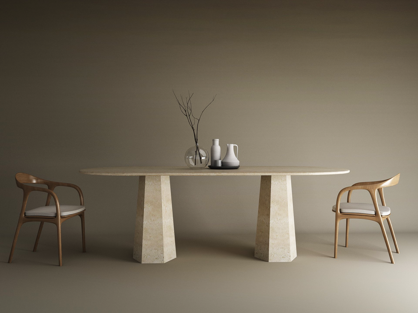 Oval Travertine Dining Table with Tapered Round Base – Solid Travertine Stone Base – Customizable Dining Table