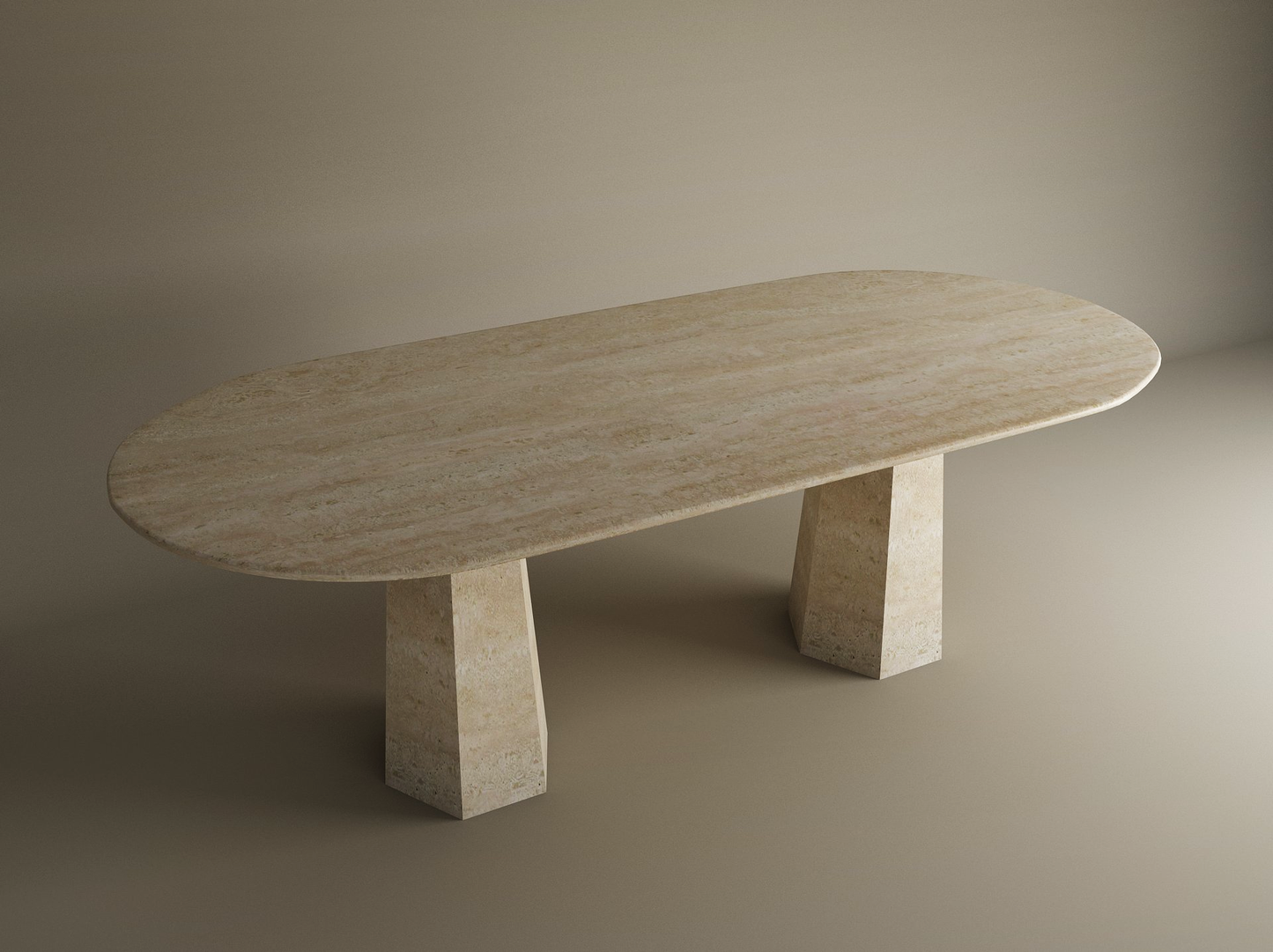 Oval Travertine Dining Table with Tapered Round Base – Solid Travertine Stone Base – Customizable Dining Table