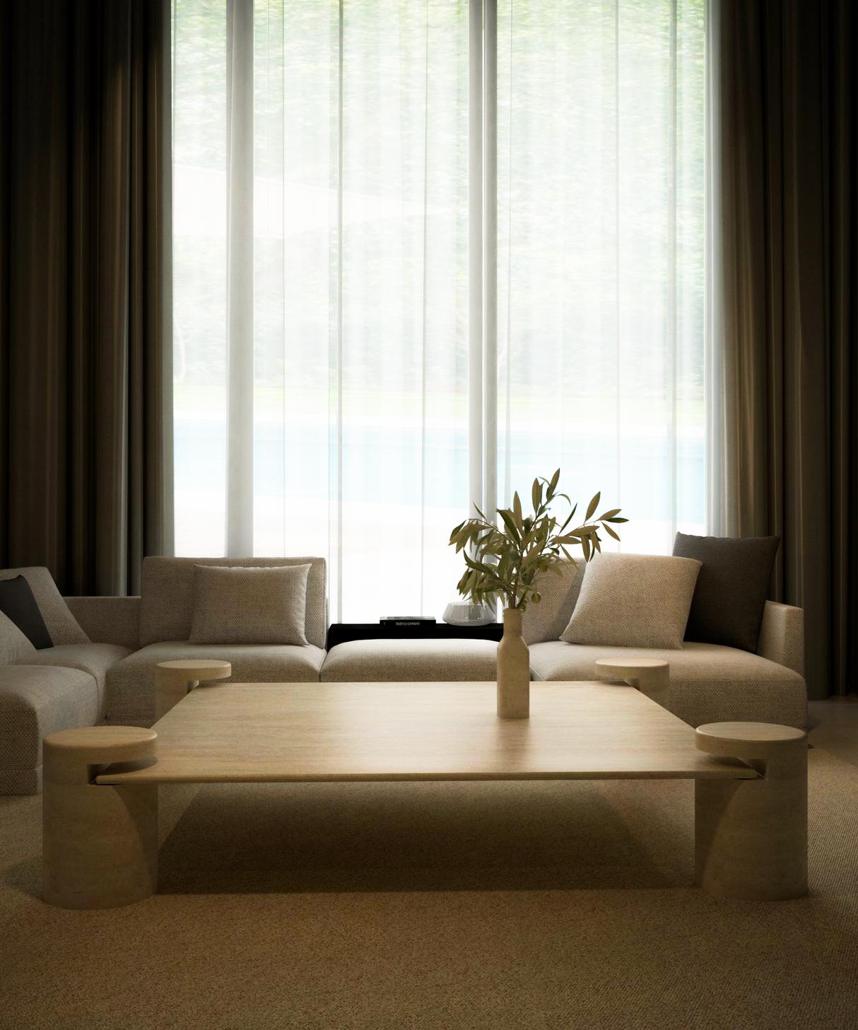 A modern living room features the TRAVERTABLE Square Travertine Coffee Table with Cylindrical Legs, crafted from pure travertine stone. Surrounded by beige sofas and neutral pillows, floor-to-ceiling windows with sheer curtains fill the space with soft light.