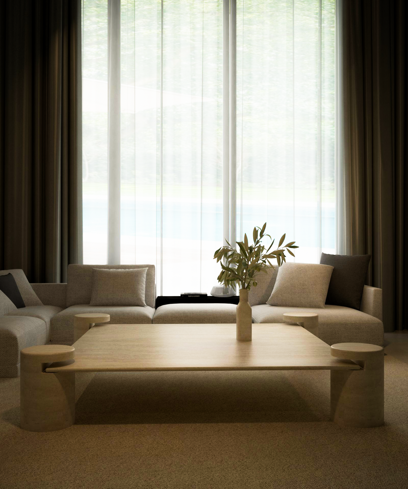 A modern living room features the TRAVERTABLE Square Travertine Coffee Table with Cylindrical Legs, crafted from pure travertine stone. Surrounded by beige sofas and neutral pillows, floor-to-ceiling windows with sheer curtains fill the space with soft light.