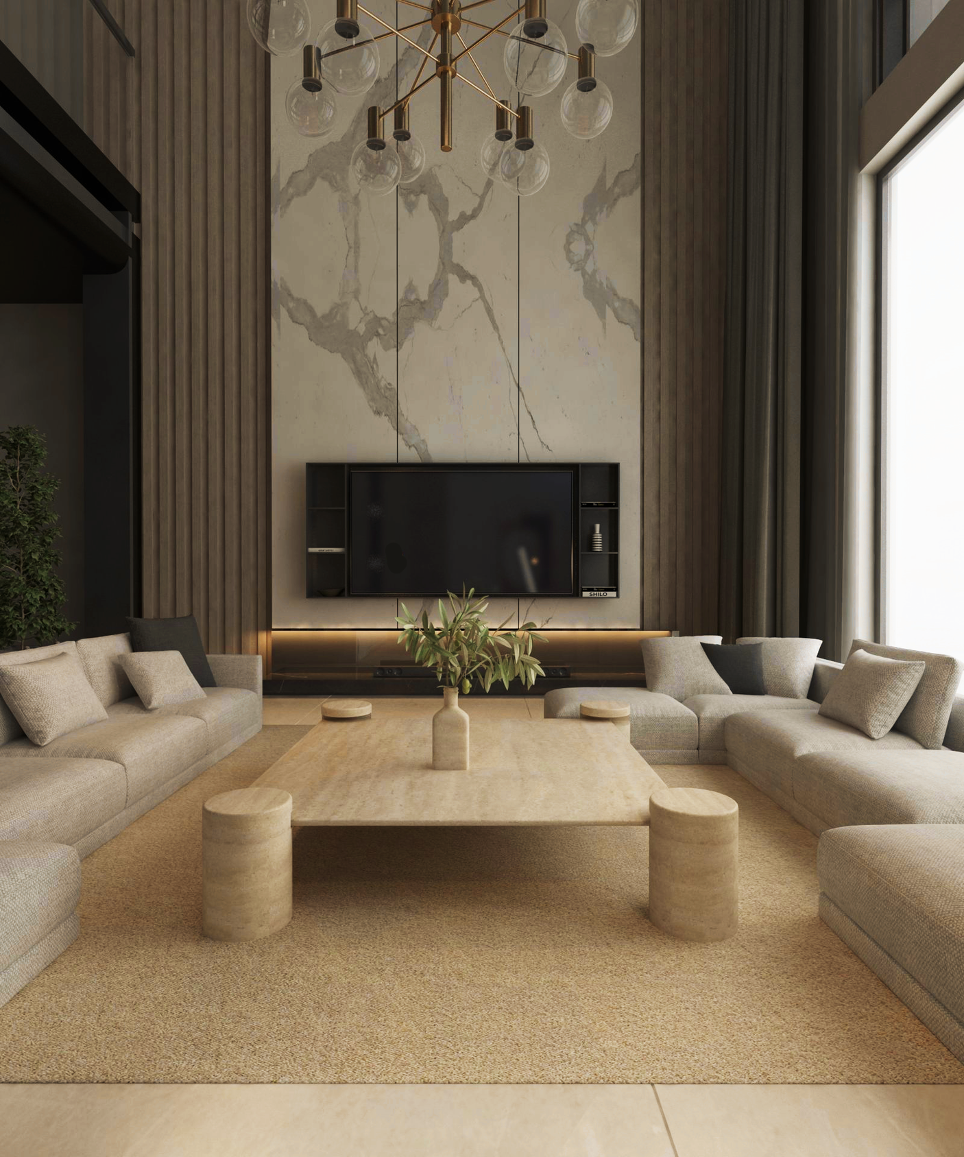 A modern living room with beige sofas in a U-shape around the TRAVERTABLE Square Travertine Coffee Table with Cylindrical Legs. A plant sits on the table. The space features a TV on a marble accent wall, tall windows, neutral tones, and a geometric chandelier above.