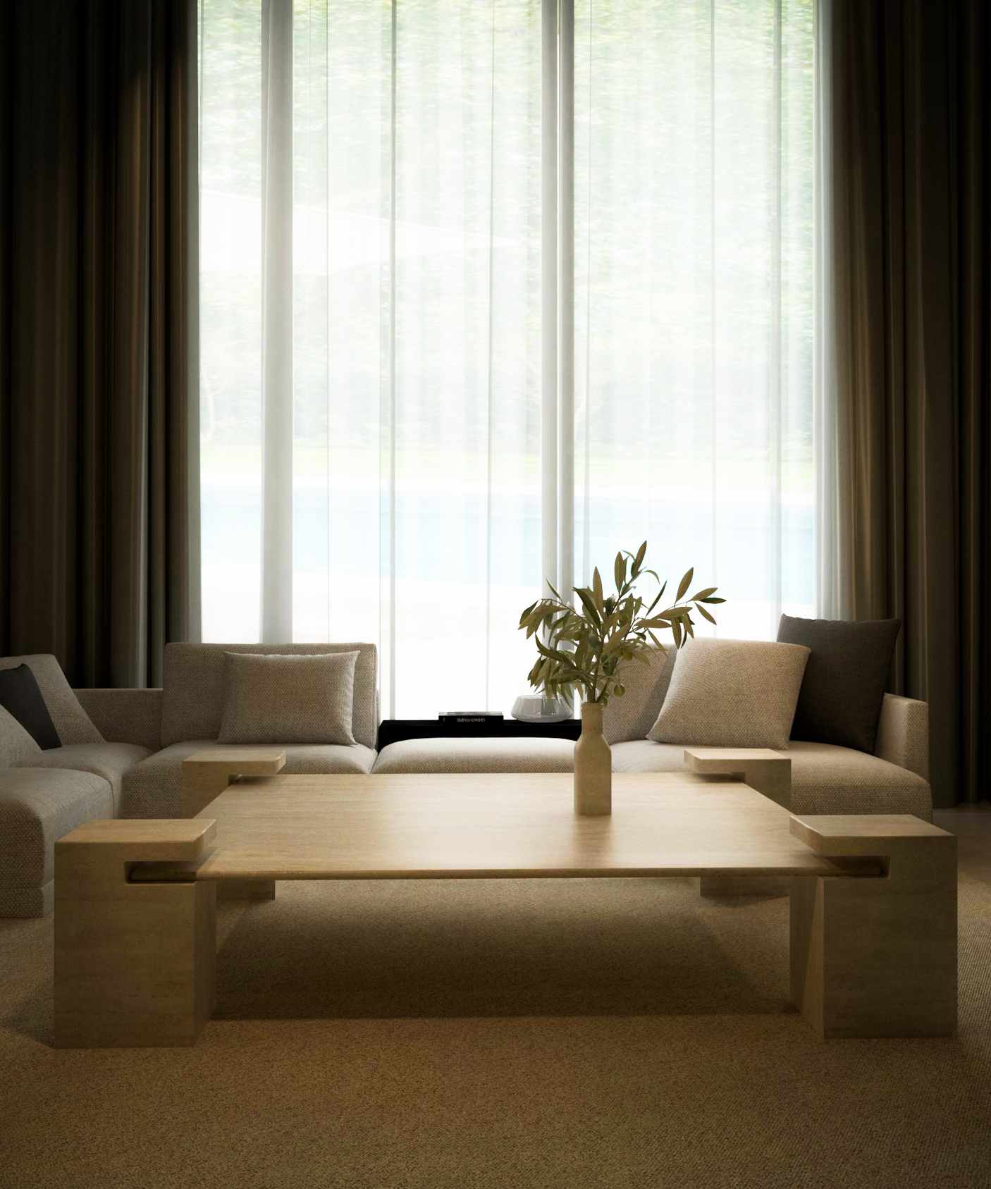 A modern living space features beige sofas, a TRAVERTABLE Square Travertine Coffee Table with Square Base, and a vase with green branches. Floor-to-ceiling windows behind sheer curtains fill the serene, minimalist decor with soft natural light.