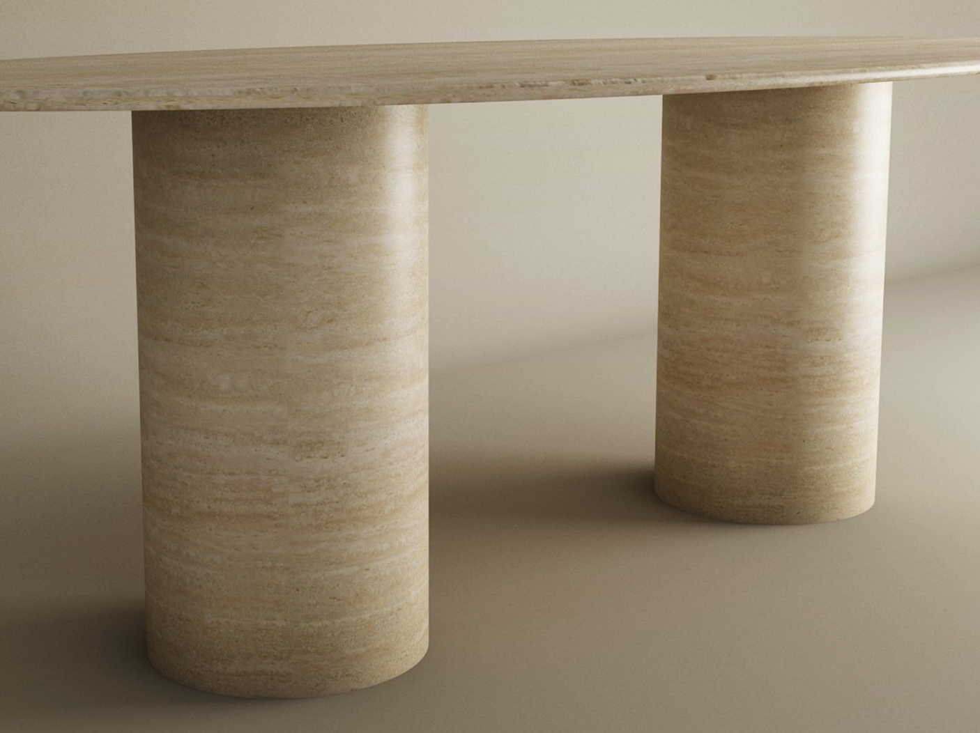 The Ellips Travertine Dining Table by TRAVERTABLE features an oval beige natural stone tabletop and two smooth cylindrical bases, crafted from pure travertine and fully customizable, shown against a neutral background.