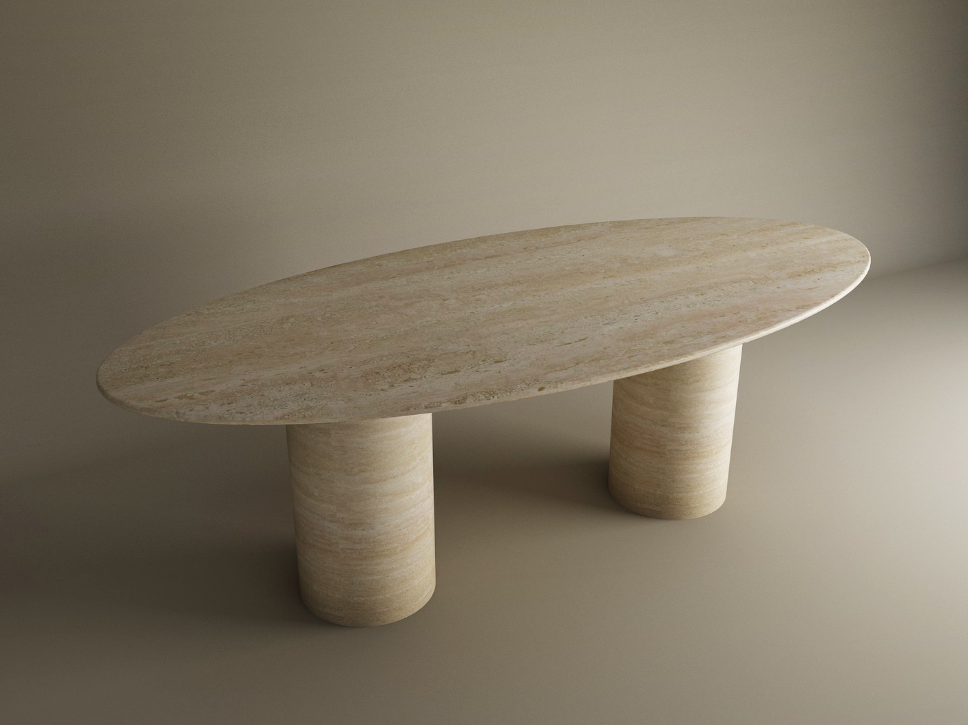 The TRAVERTABLE Ellips Travertine Dining Table features an oval, beige natural stone top and two smooth cylindrical bases, shown against a plain neutral background. This customizable piece is crafted from pure travertine stone.
