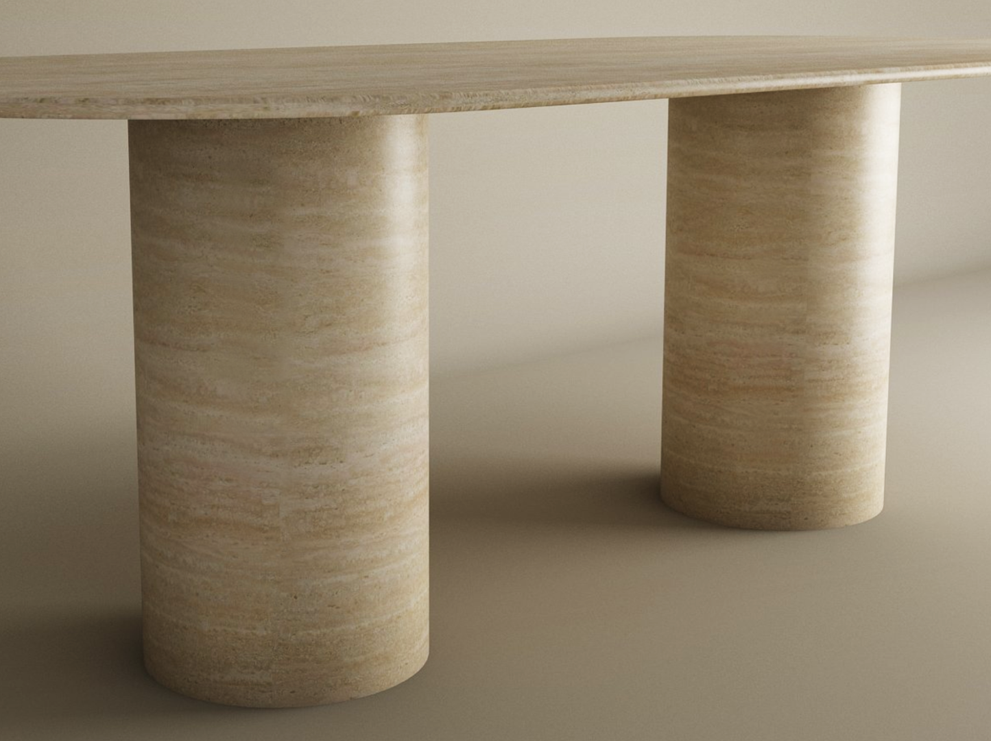 Oval Travertine Dining Table with Smooth Cylinder Base – Pure Travertine Stone Base – Customizable Dining Table