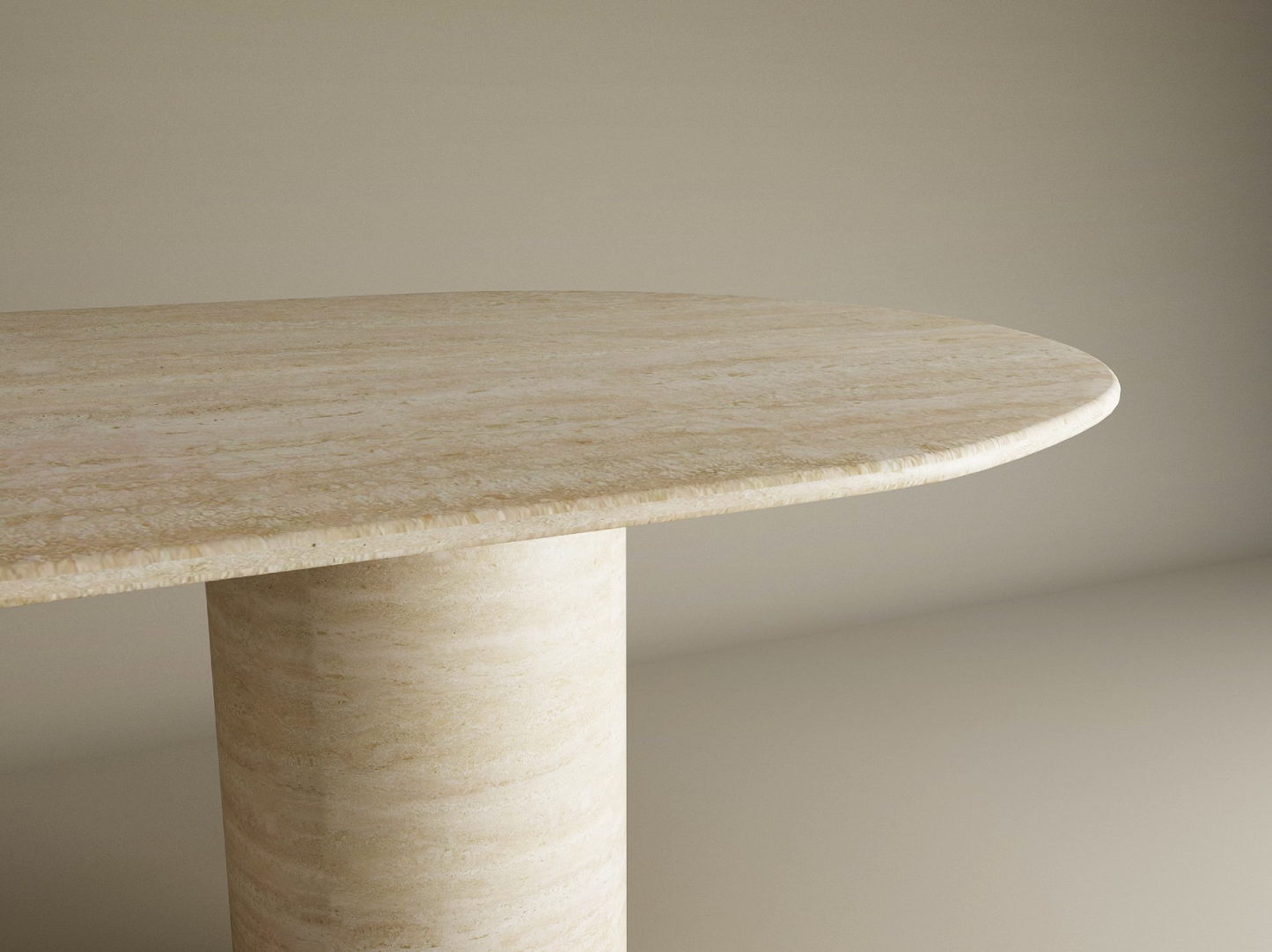 Oval Travertine Dining Table with Smooth Cylinder Base – Pure Travertine Stone Base – Customizable Dining Table
